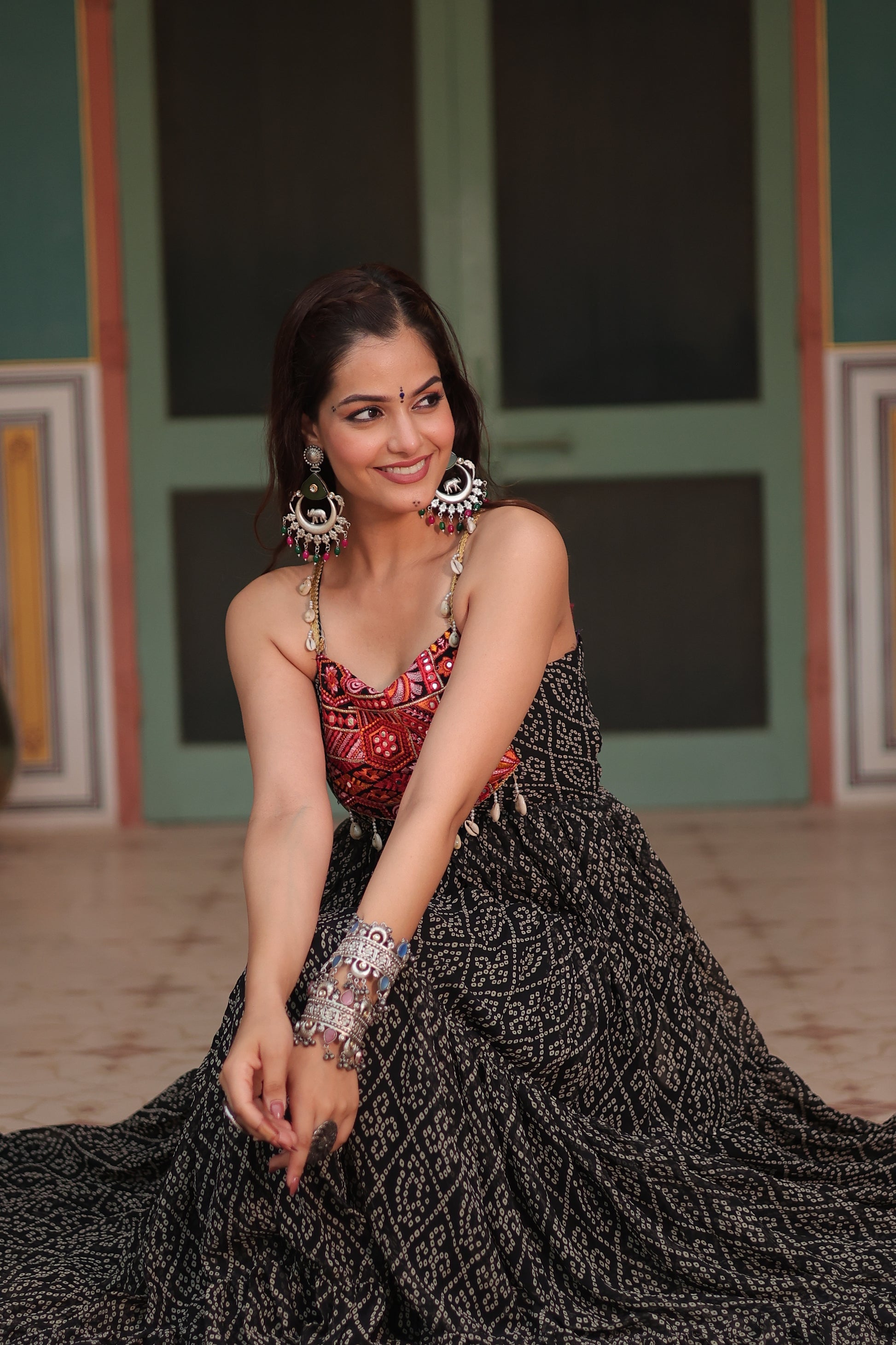 Black bandhani print georgette Taneesha designer gown