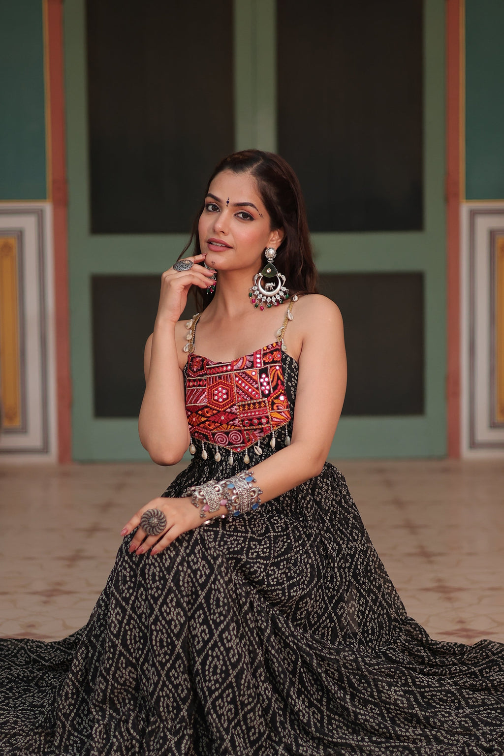 Black bandhani print georgette Taneesha designer gown