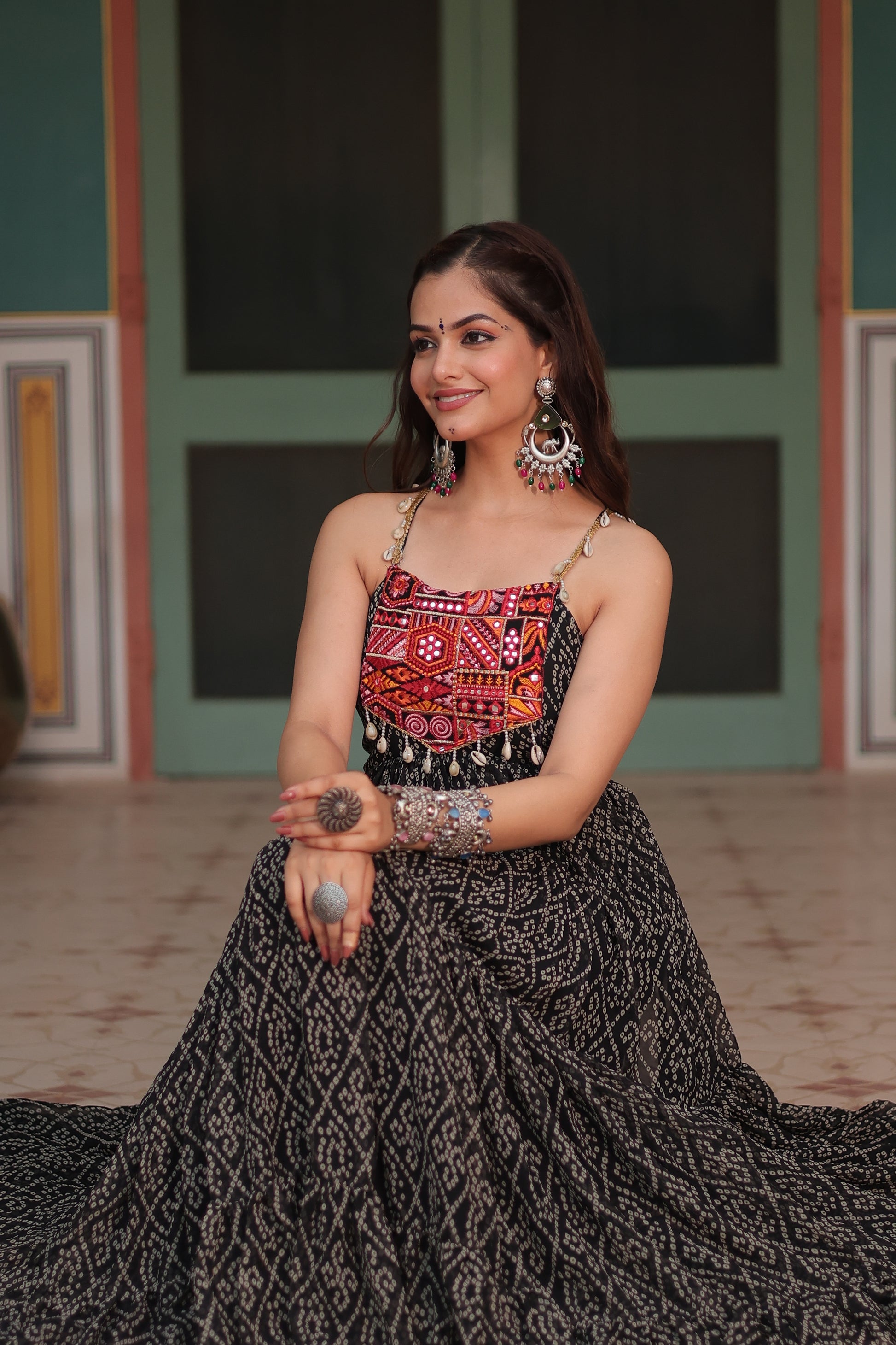 Black bandhani print georgette Taneesha designer gown