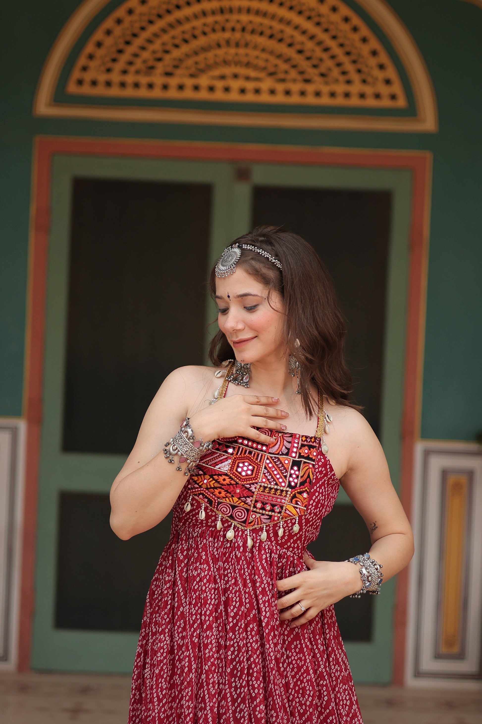 Taneesha maroon georgette bandhani printed gown