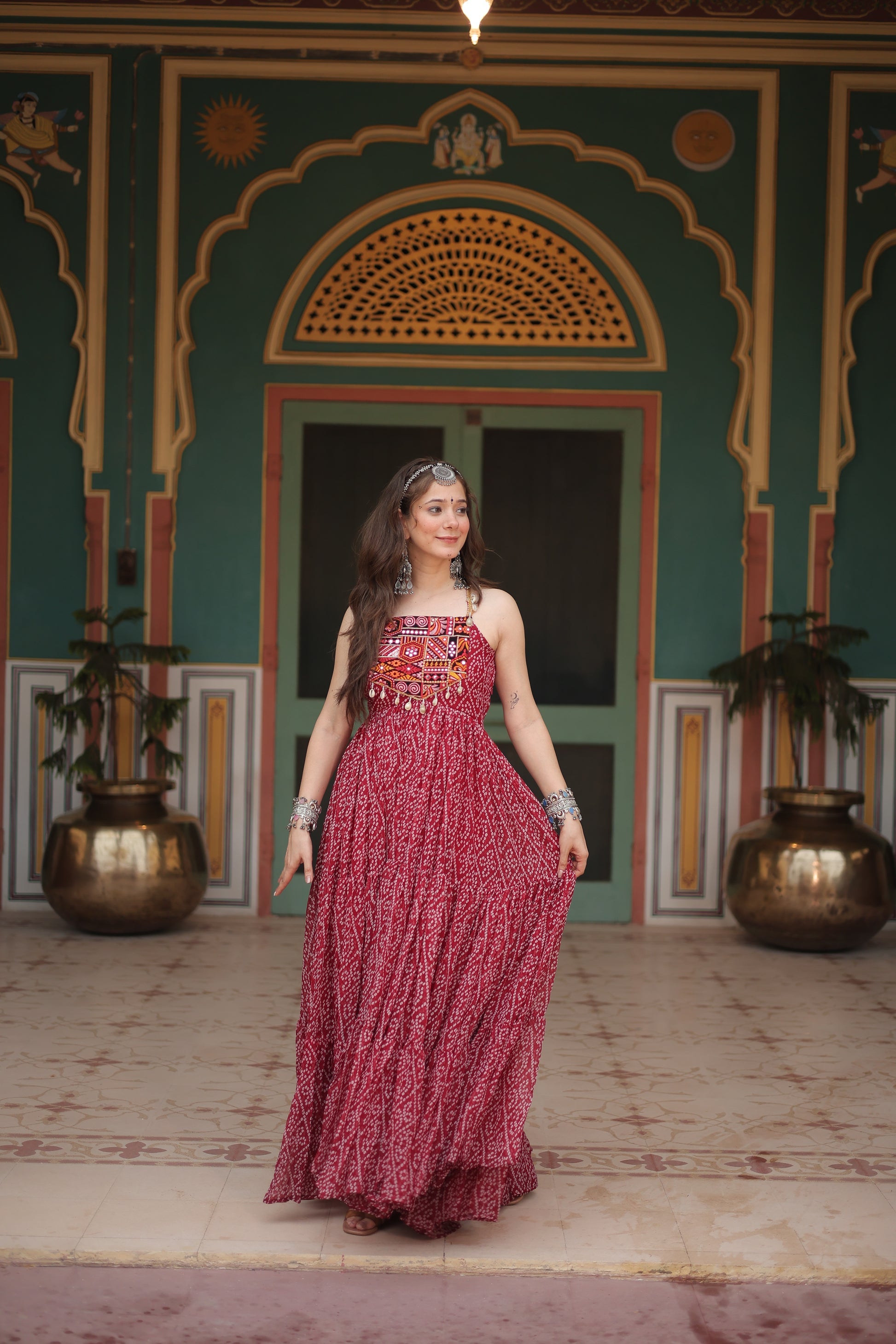 Taneesha maroon georgette bandhani printed gown