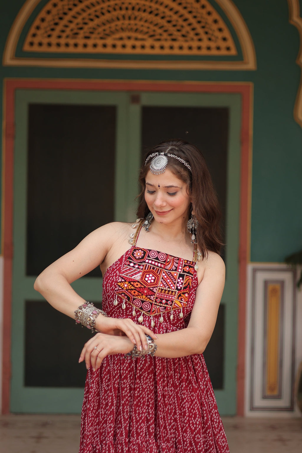 Taneesha maroon georgette bandhani printed gown