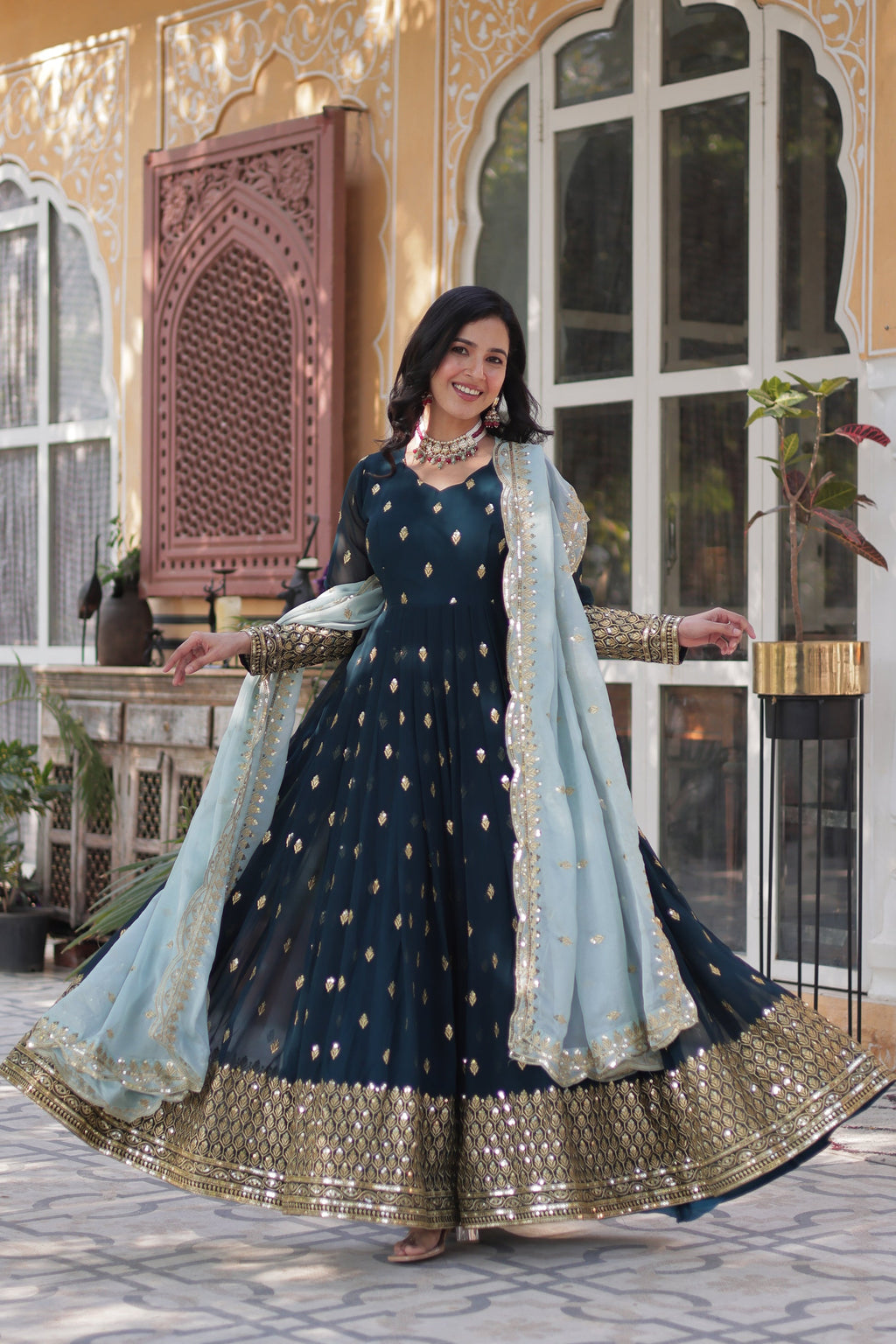 Tanvika Blue Georgette Embroidery Anarkali Gown Set