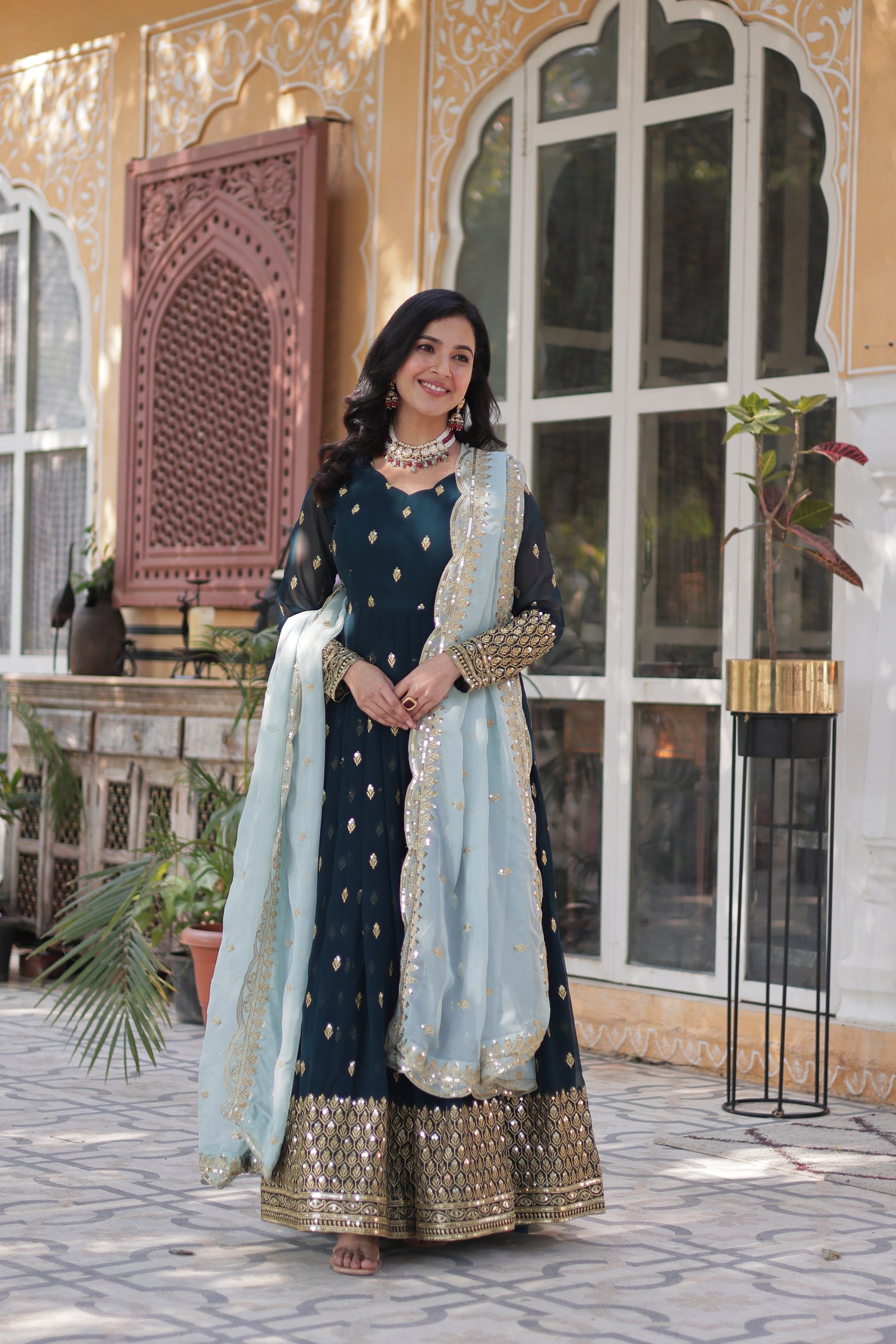 Tanvika Blue Georgette Embroidery Anarkali Gown Set