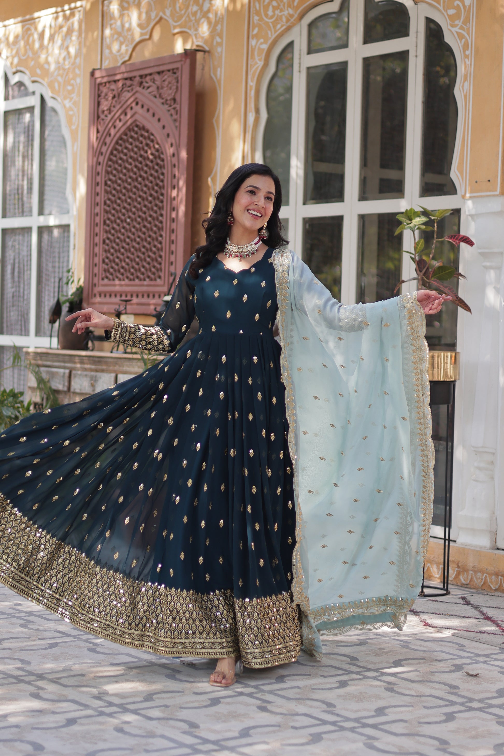 Tanvika Blue Georgette Embroidery Anarkali Gown Set