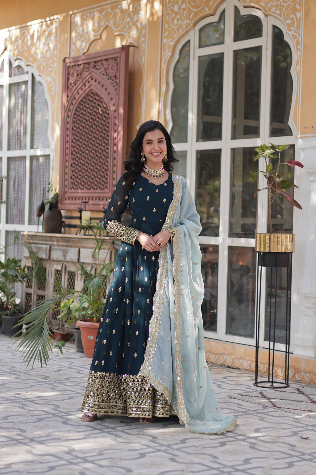 Tanvika Blue Georgette Embroidery Anarkali Gown Set