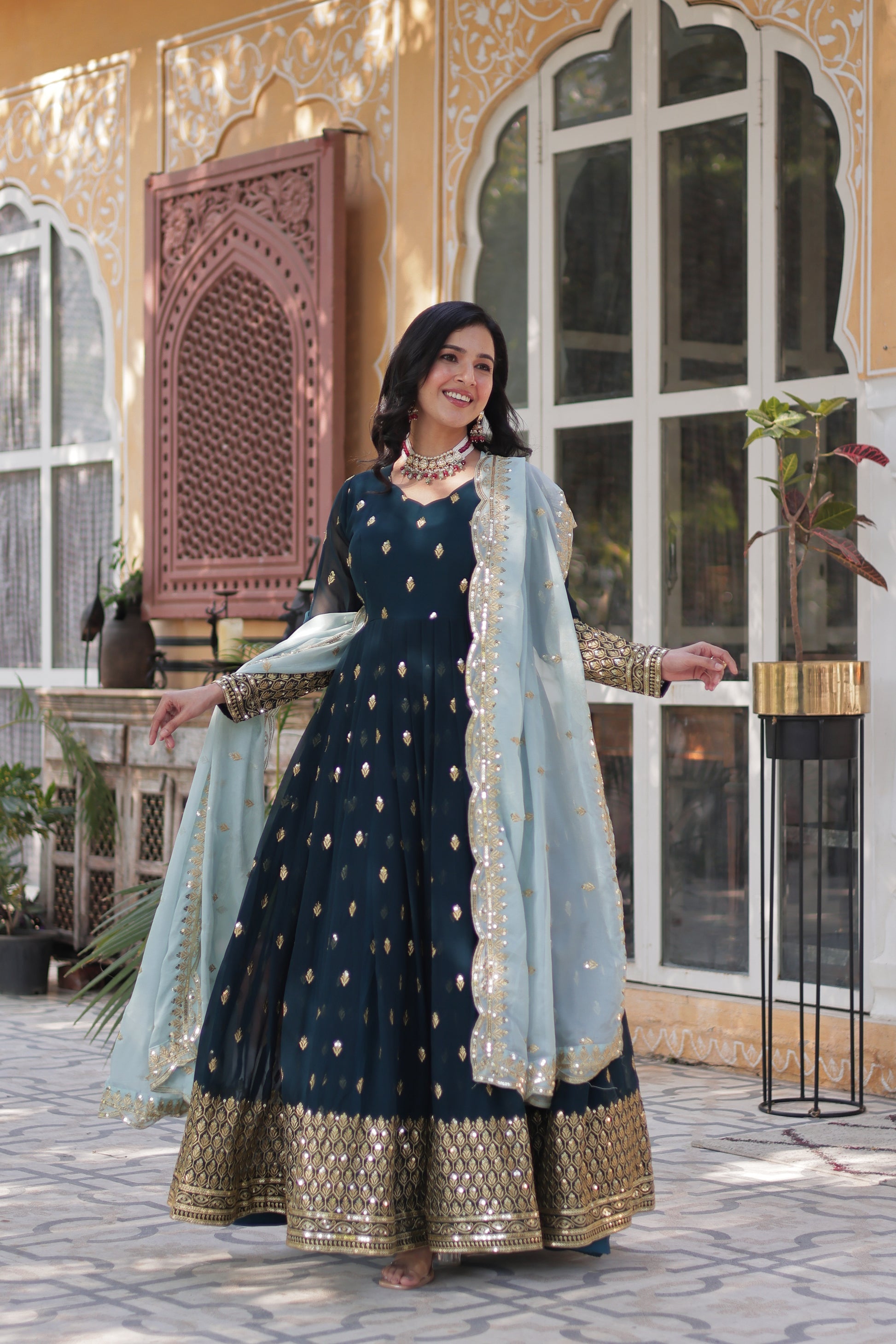 Tanvika Blue Georgette Embroidery Anarkali Gown Set