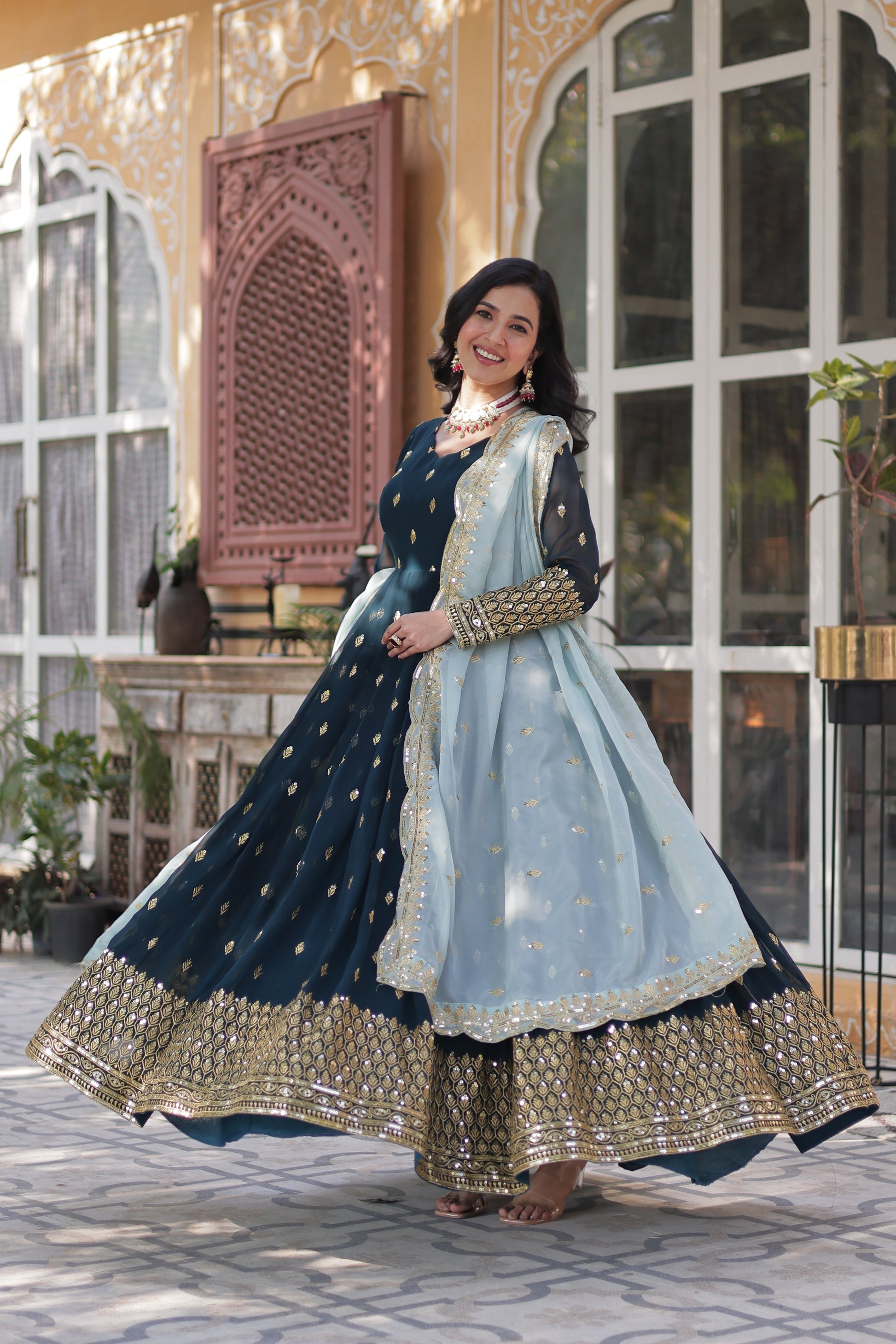 Tanvika Blue Georgette Embroidery Anarkali Gown Set