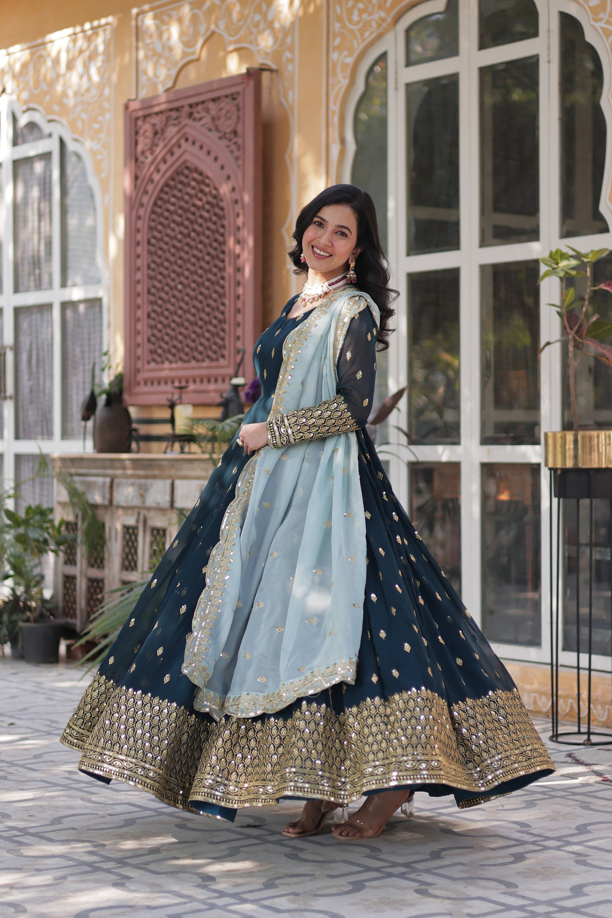 Tanvika Blue Georgette Embroidery Anarkali Gown Set