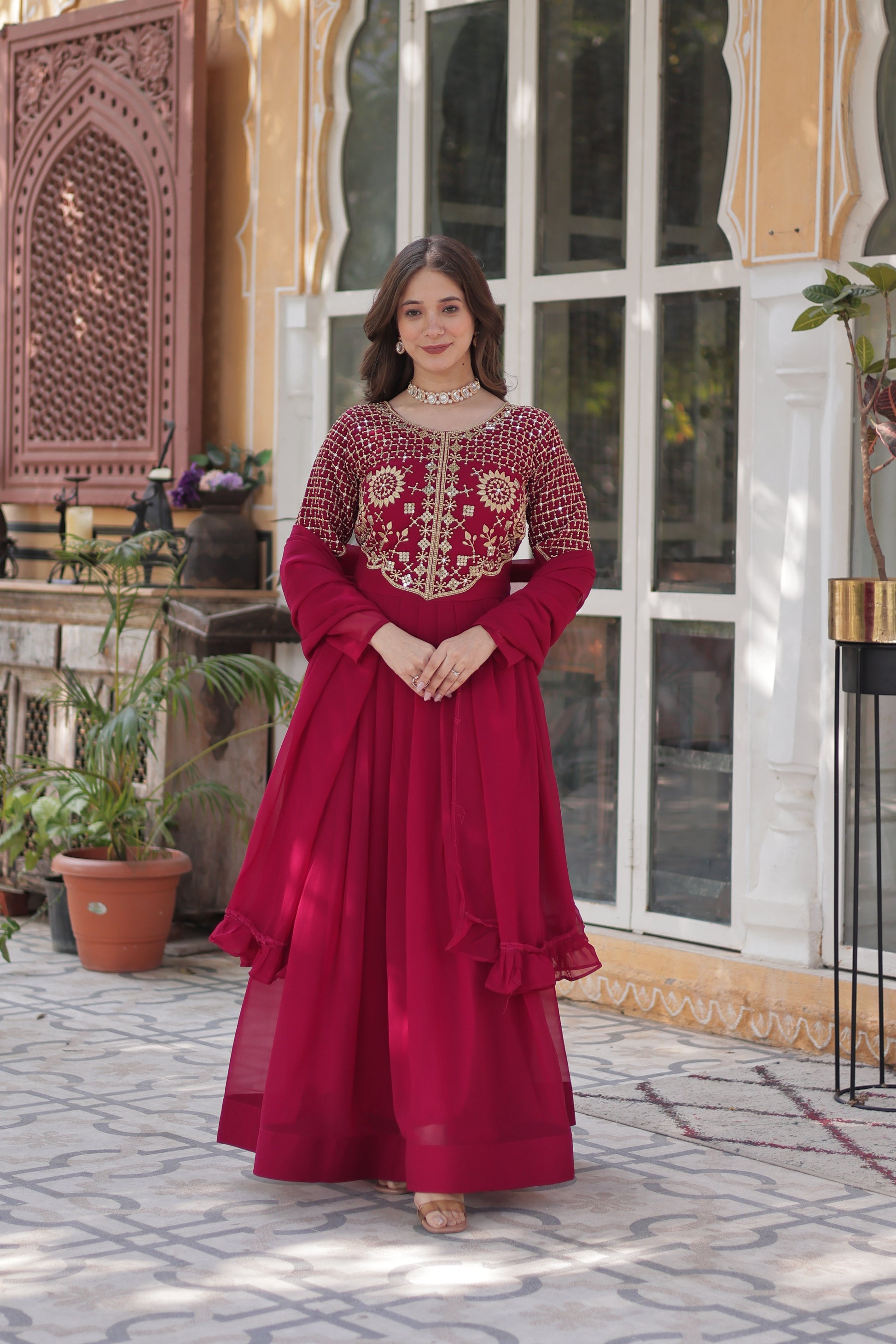 Tarakini Pink Embroidered Anarkali Gown Set