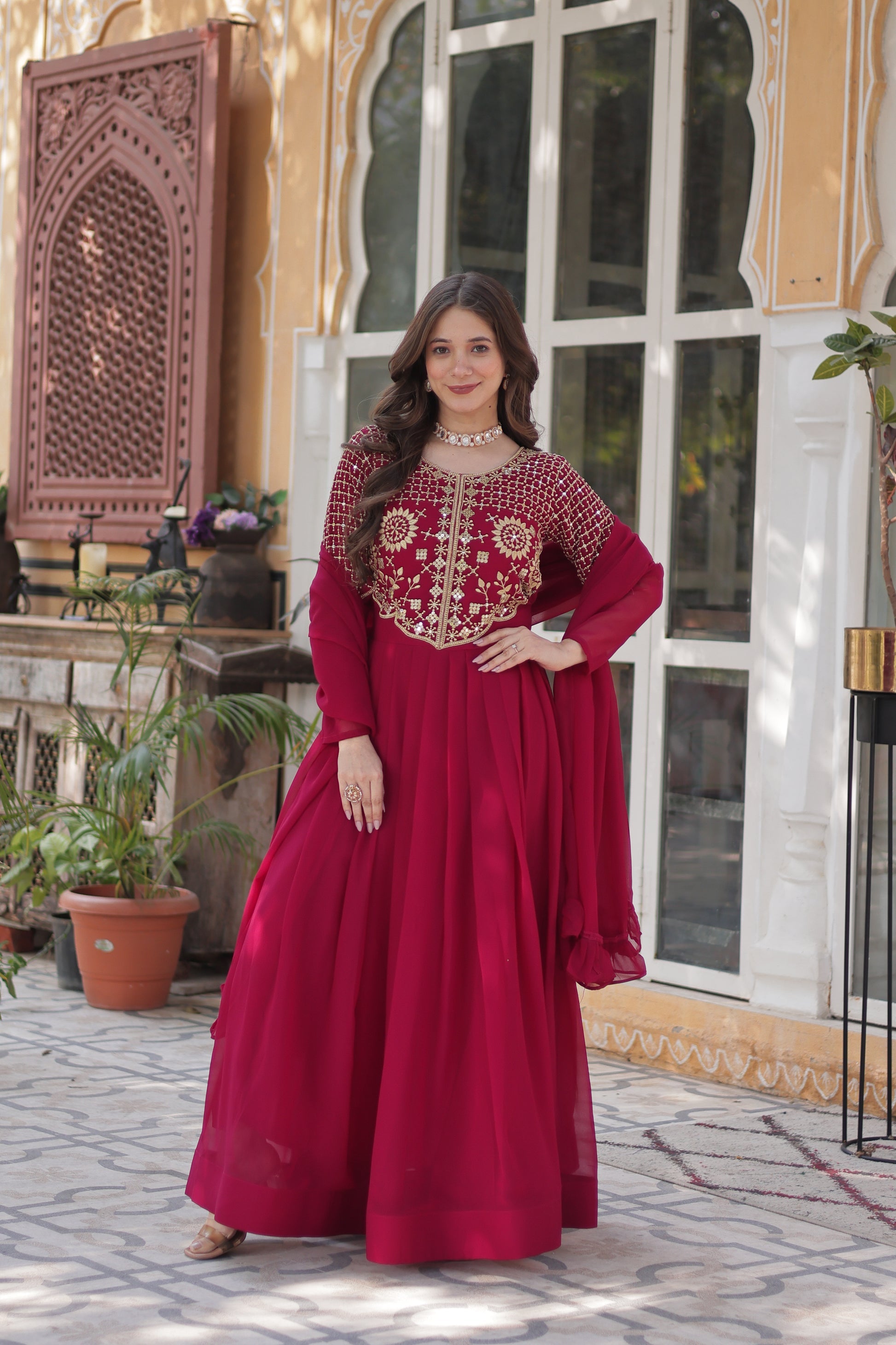 Tarakini Pink Embroidered Anarkali Gown Set