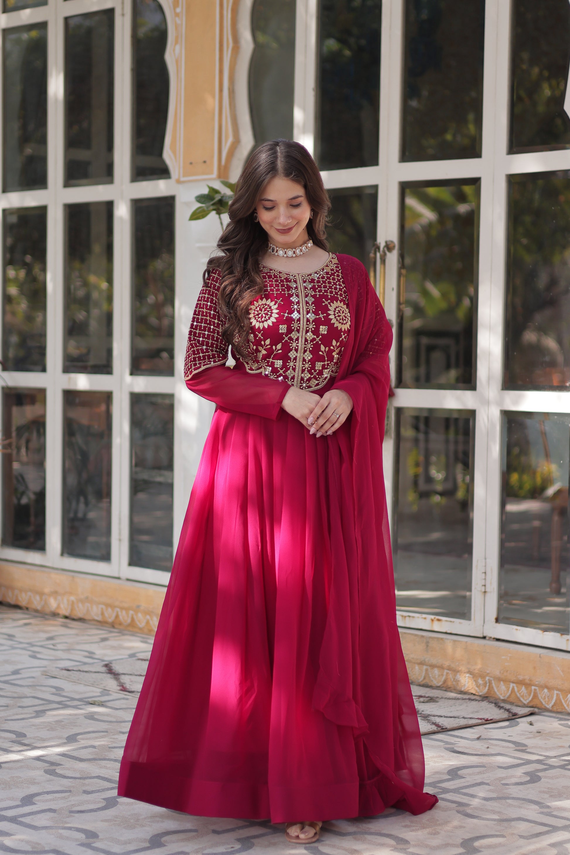 Tarakini Pink Embroidered Anarkali Gown Set