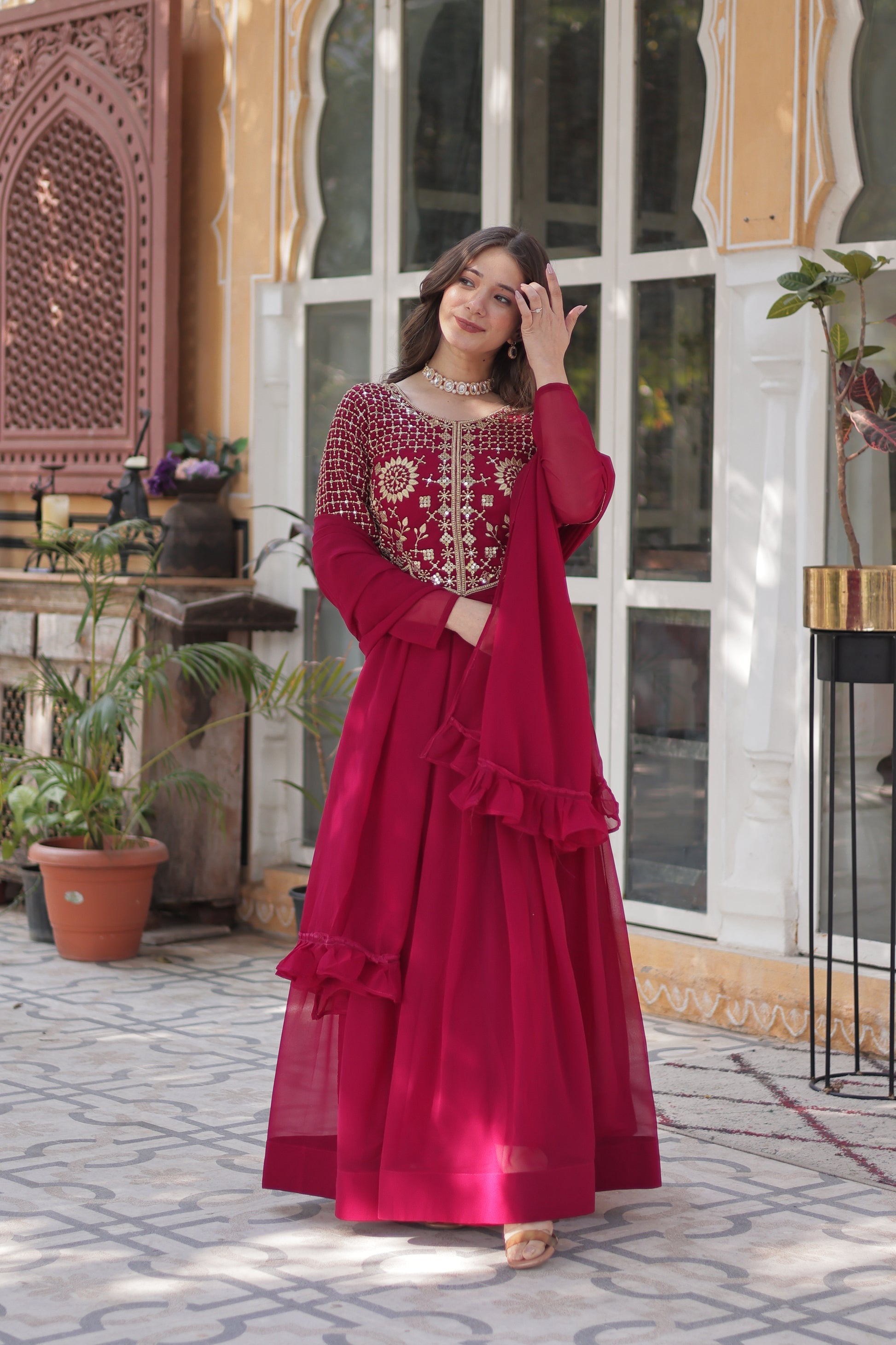 Tarakini Pink Embroidered Anarkali Gown Set