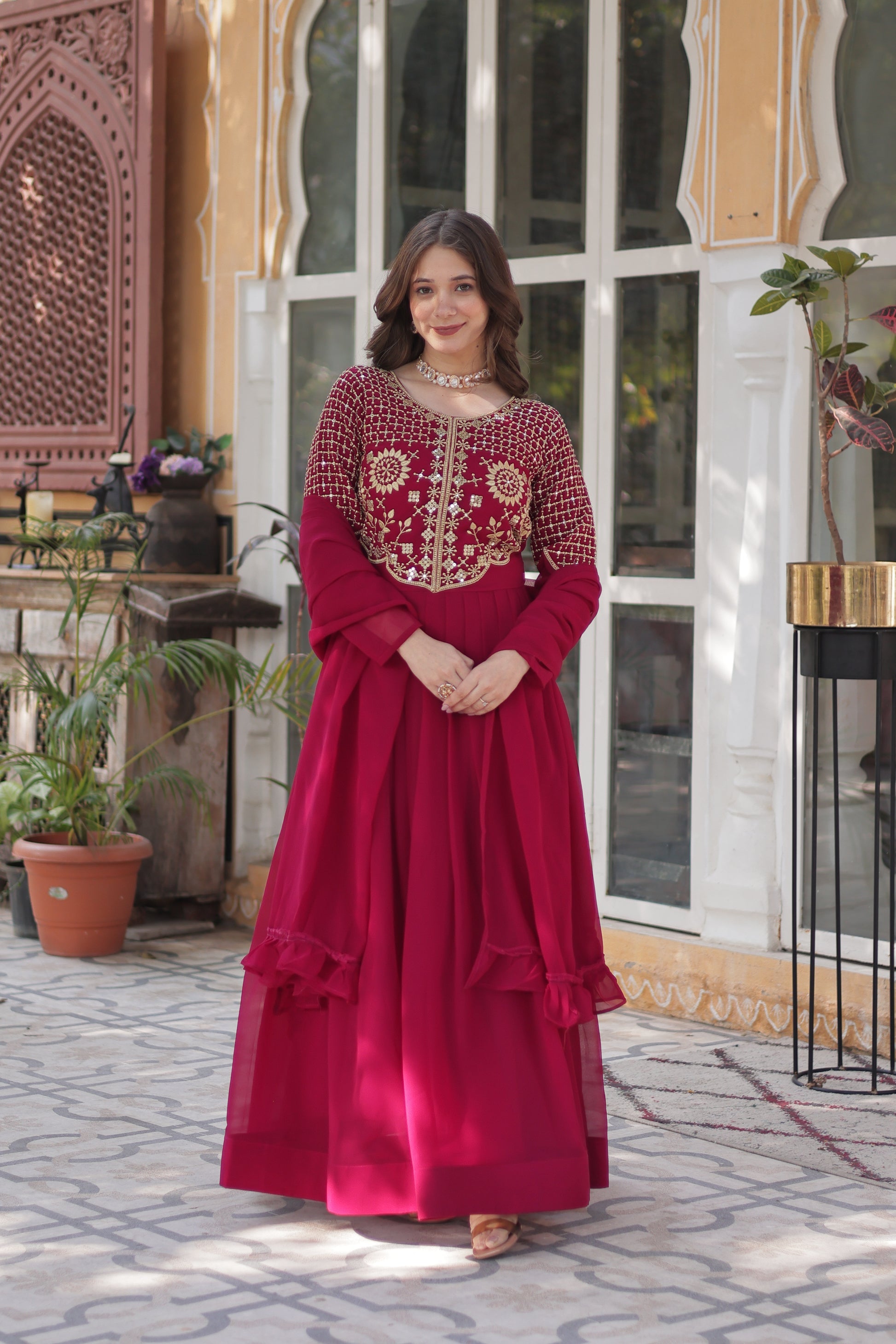 Tarakini Pink Embroidered Anarkali Gown Set