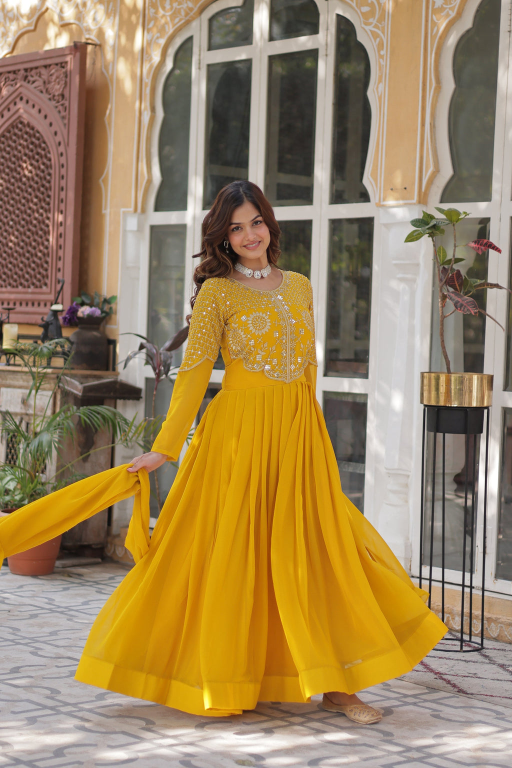 Tarakini Yellow Embroidered Anarkali Gown Set