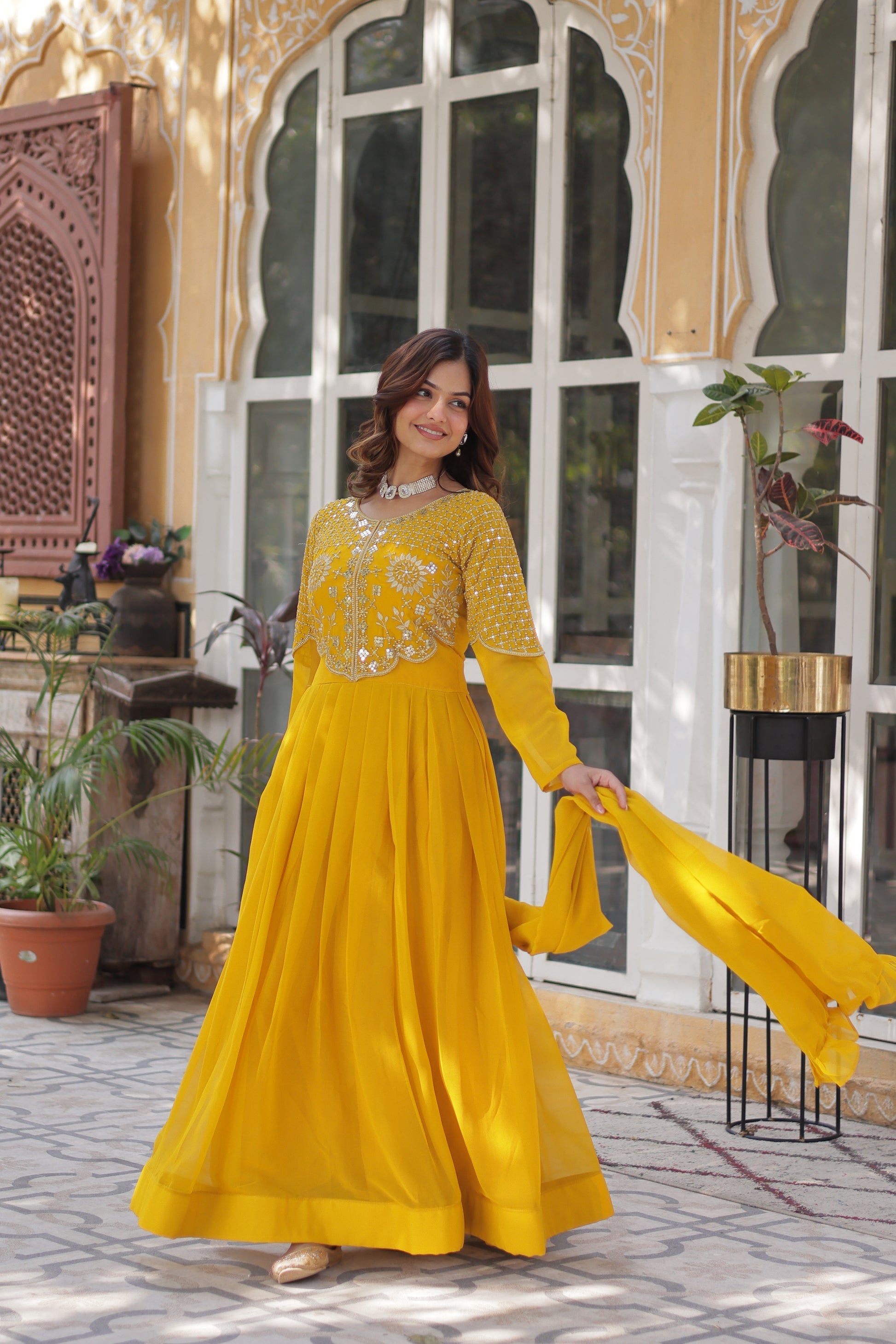 Tarakini Yellow Embroidered Anarkali Gown Set