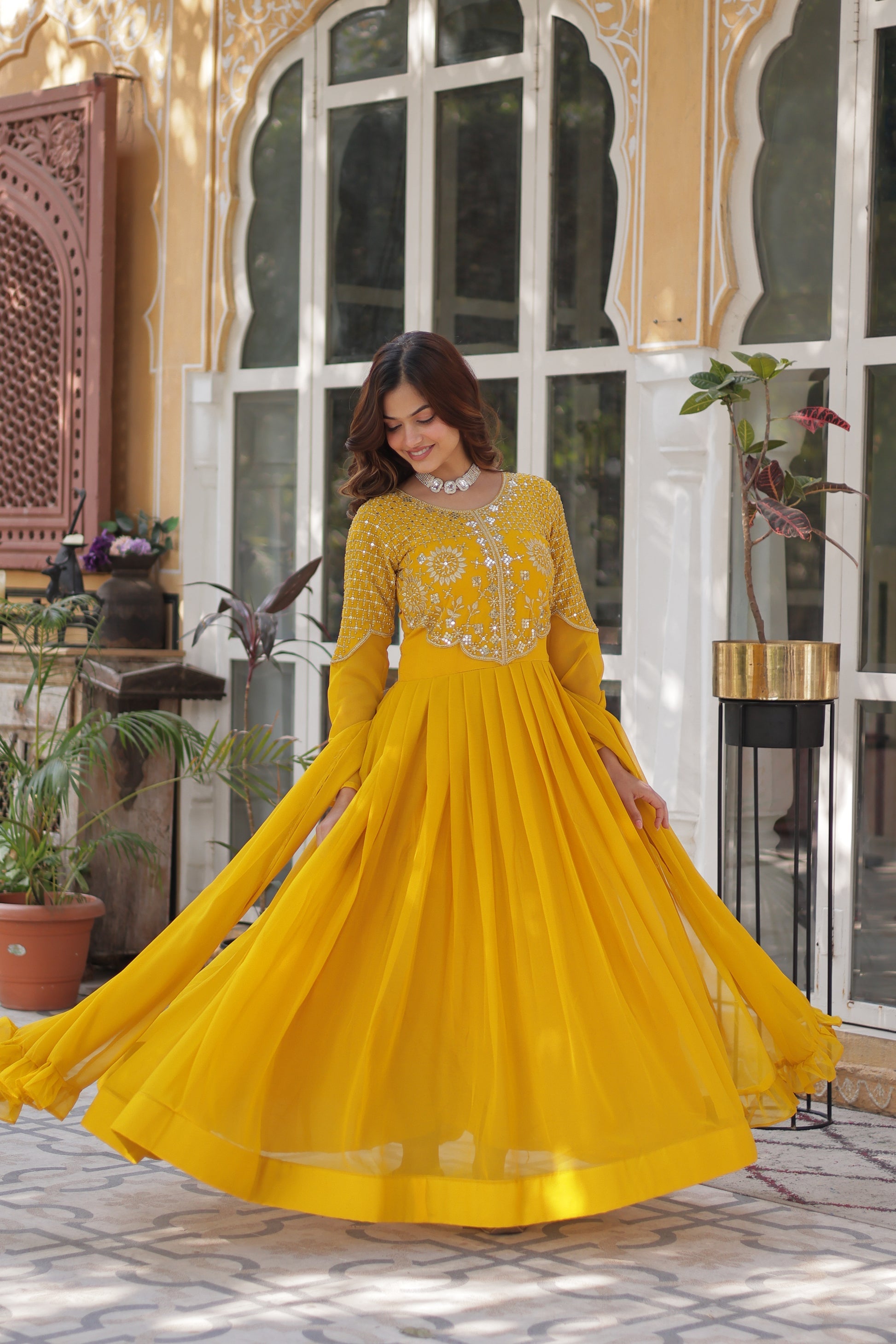 Tarakini Yellow Embroidered Anarkali Gown Set