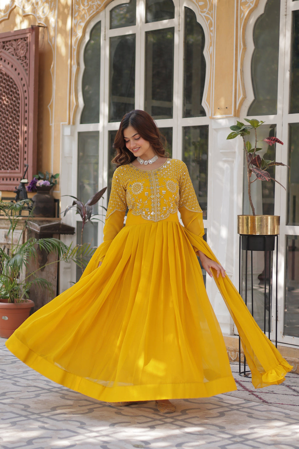 Tarakini Yellow Embroidered Anarkali Gown Set