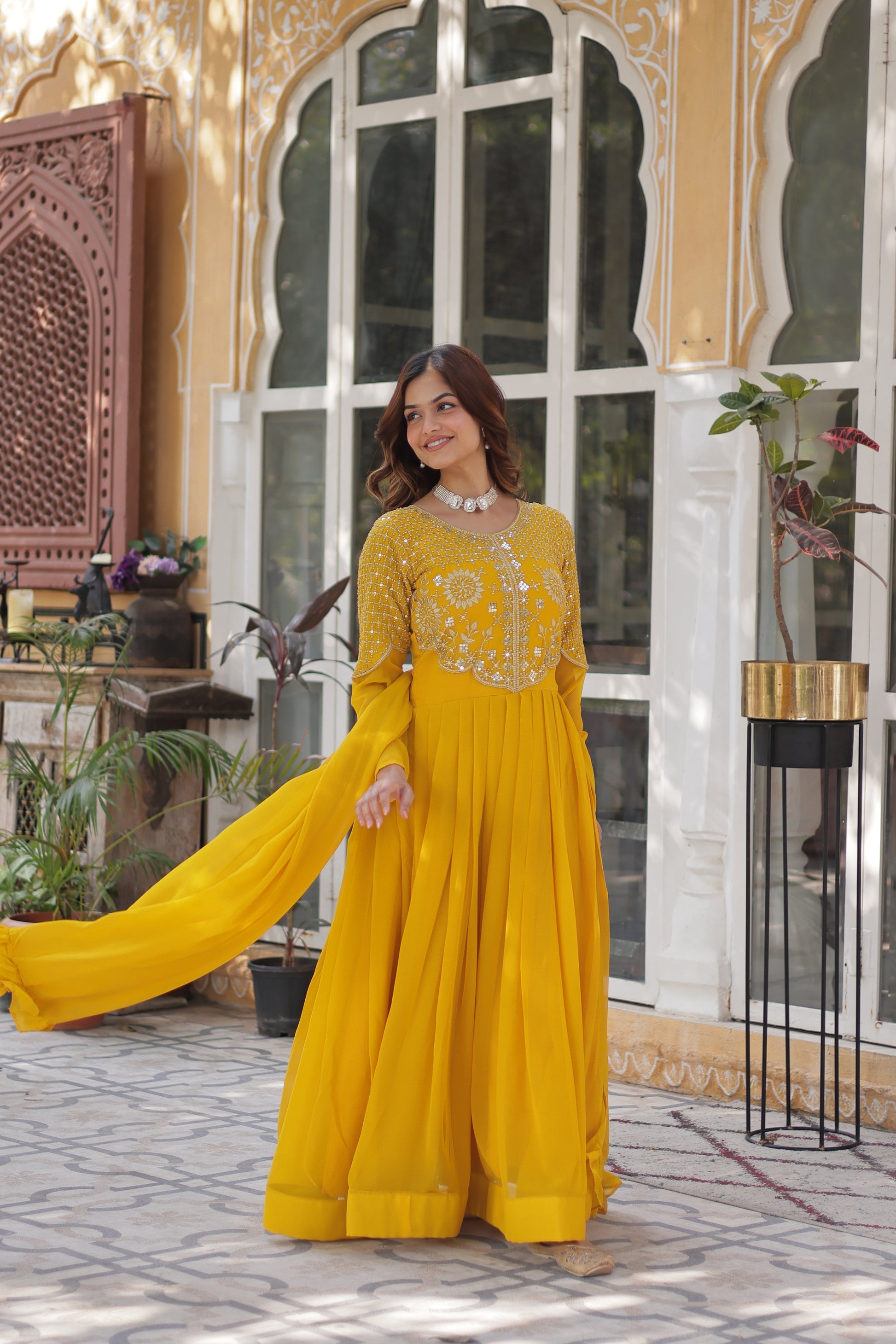 Tarakini Yellow Embroidered Anarkali Gown Set