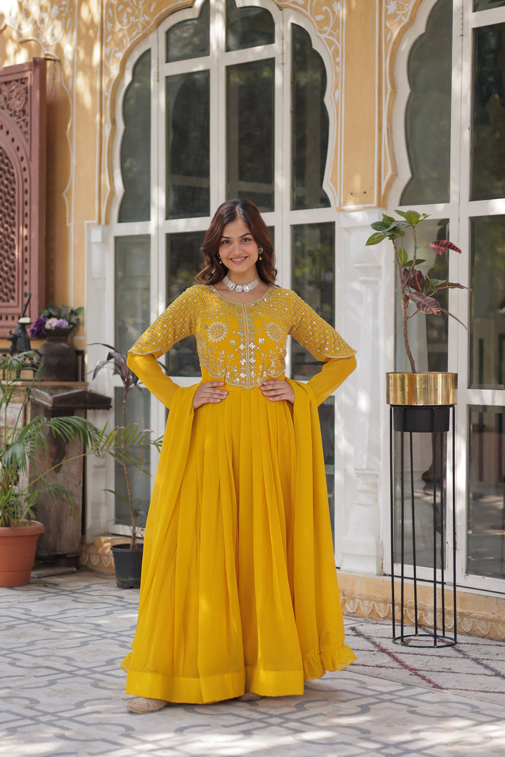 Tarakini Yellow Embroidered Anarkali Gown Set