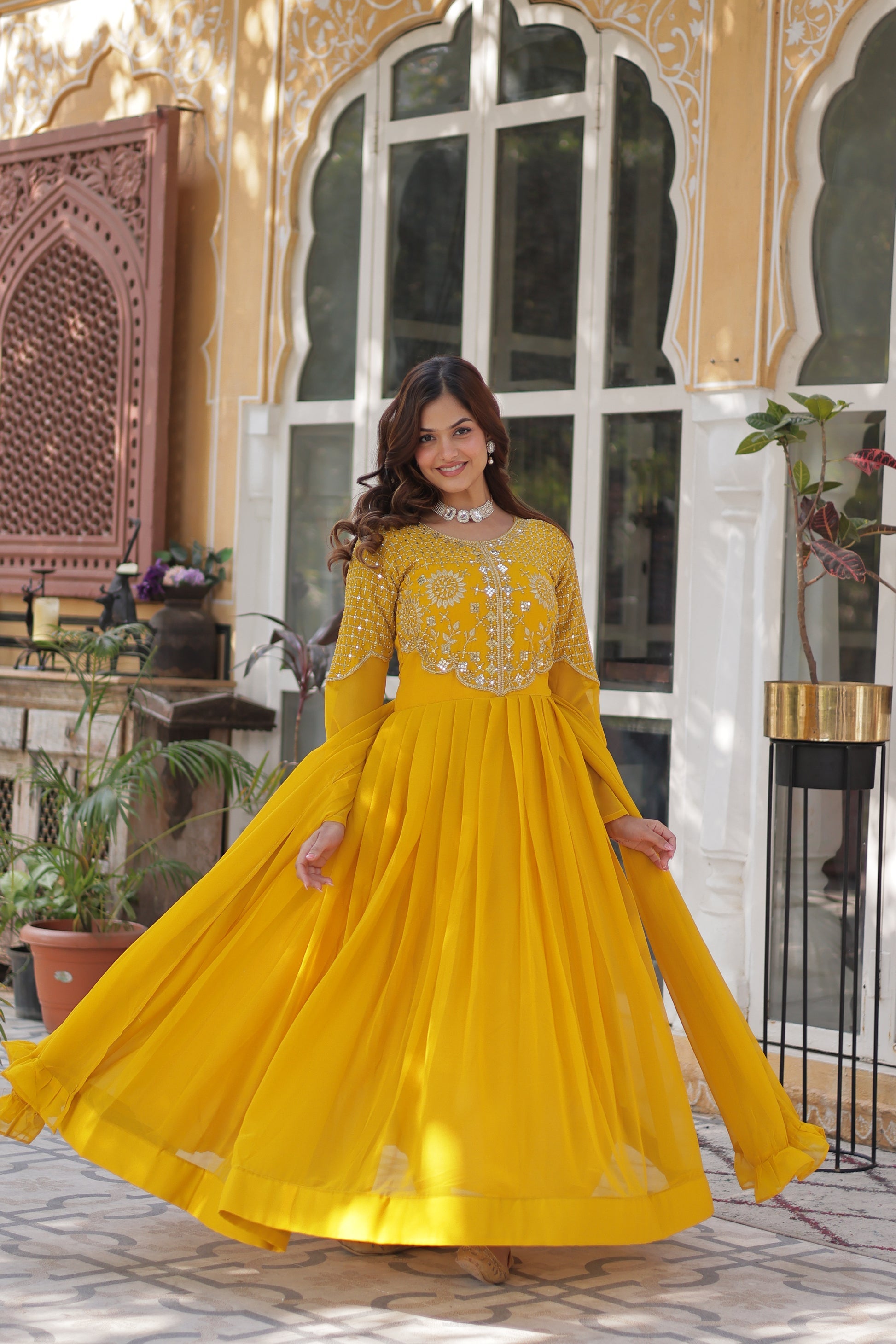 Tarakini Yellow Embroidered Anarkali Gown Set