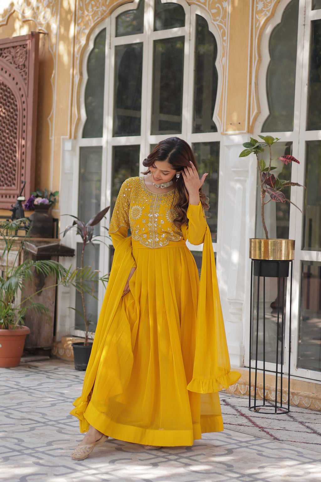 Tarakini Yellow Embroidered Anarkali Gown Set