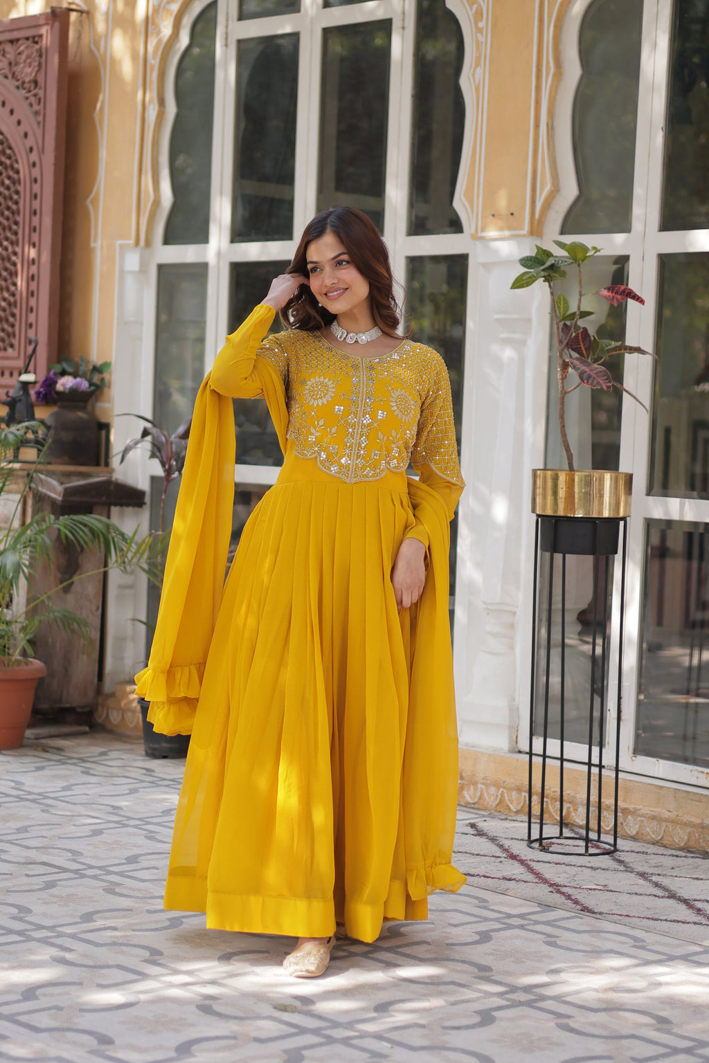 Tarakini Yellow Embroidered Anarkali Gown Set