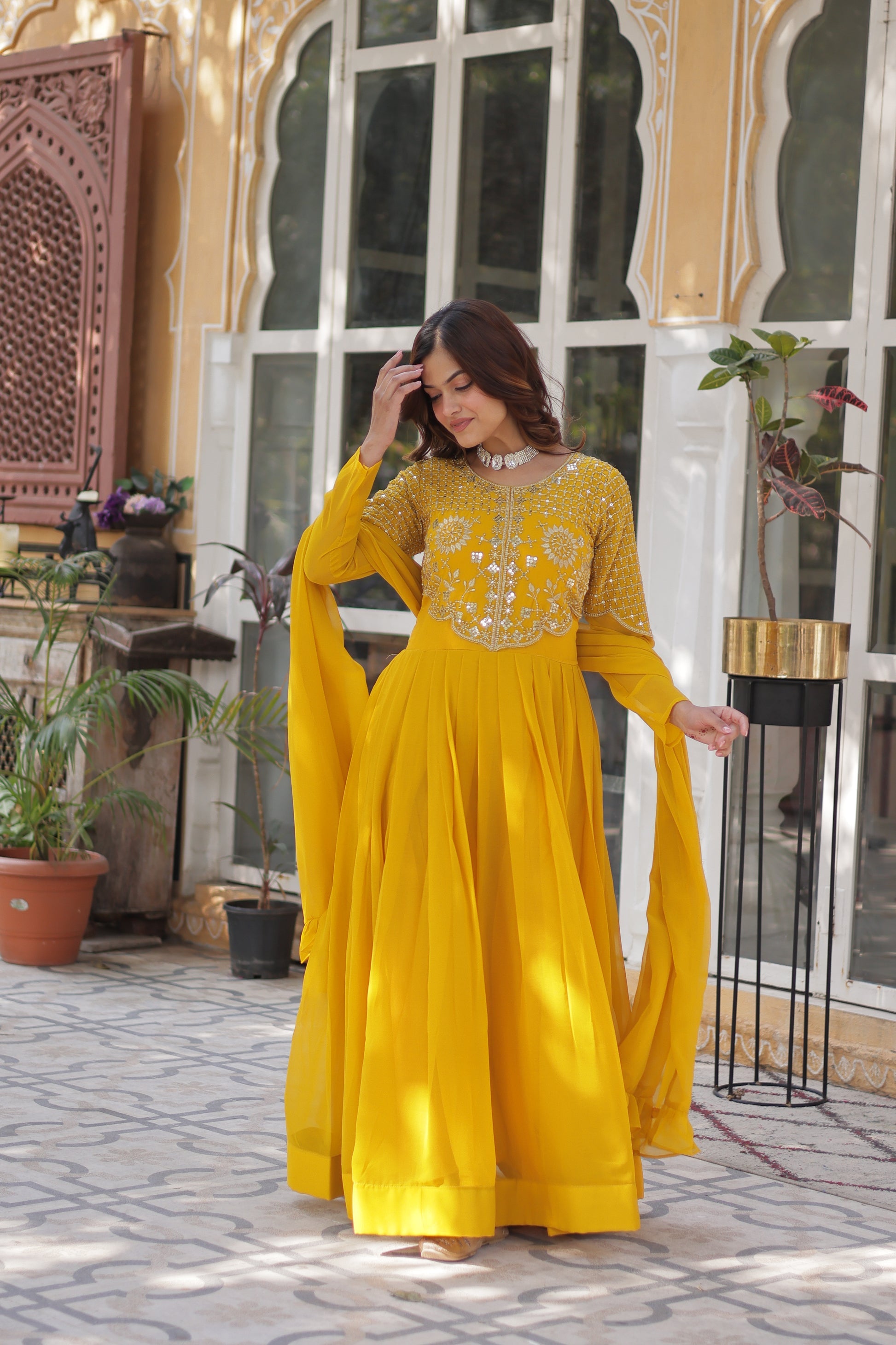 Tarakini Yellow Embroidered Anarkali Gown Set