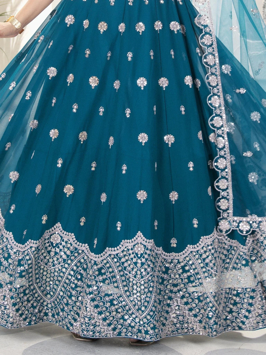 Teal blue georgette embroidered sequins work lehenga choli with dupatta