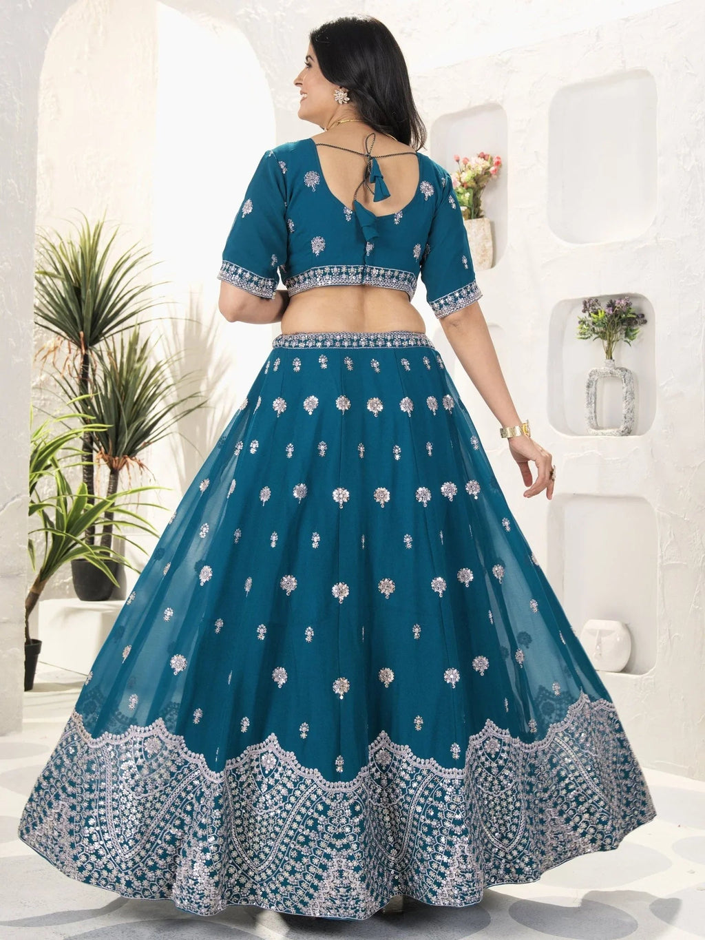 Teal blue georgette embroidered sequins work lehenga choli with dupatta