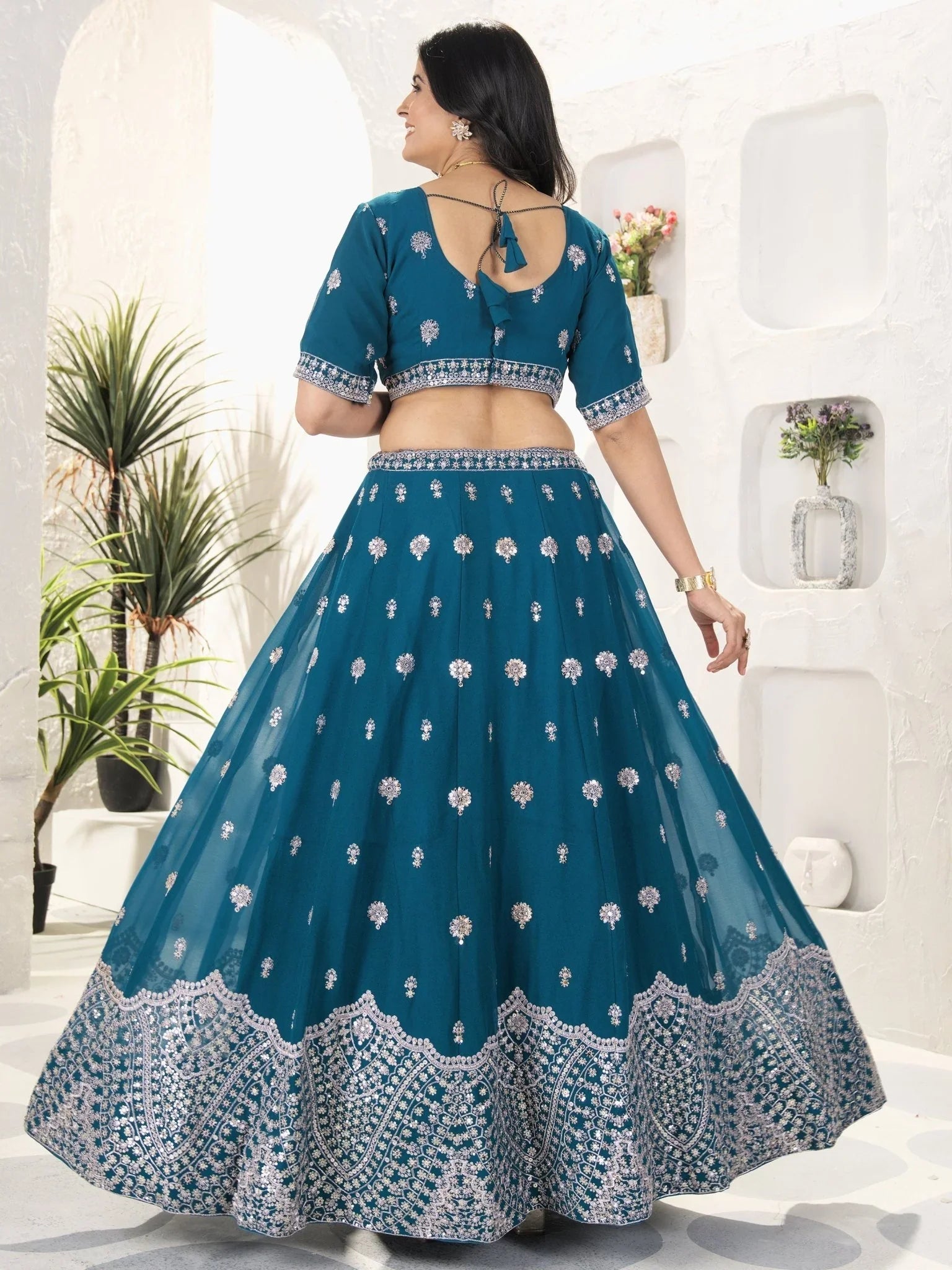 Teal blue georgette embroidered sequins work lehenga choli with dupatta