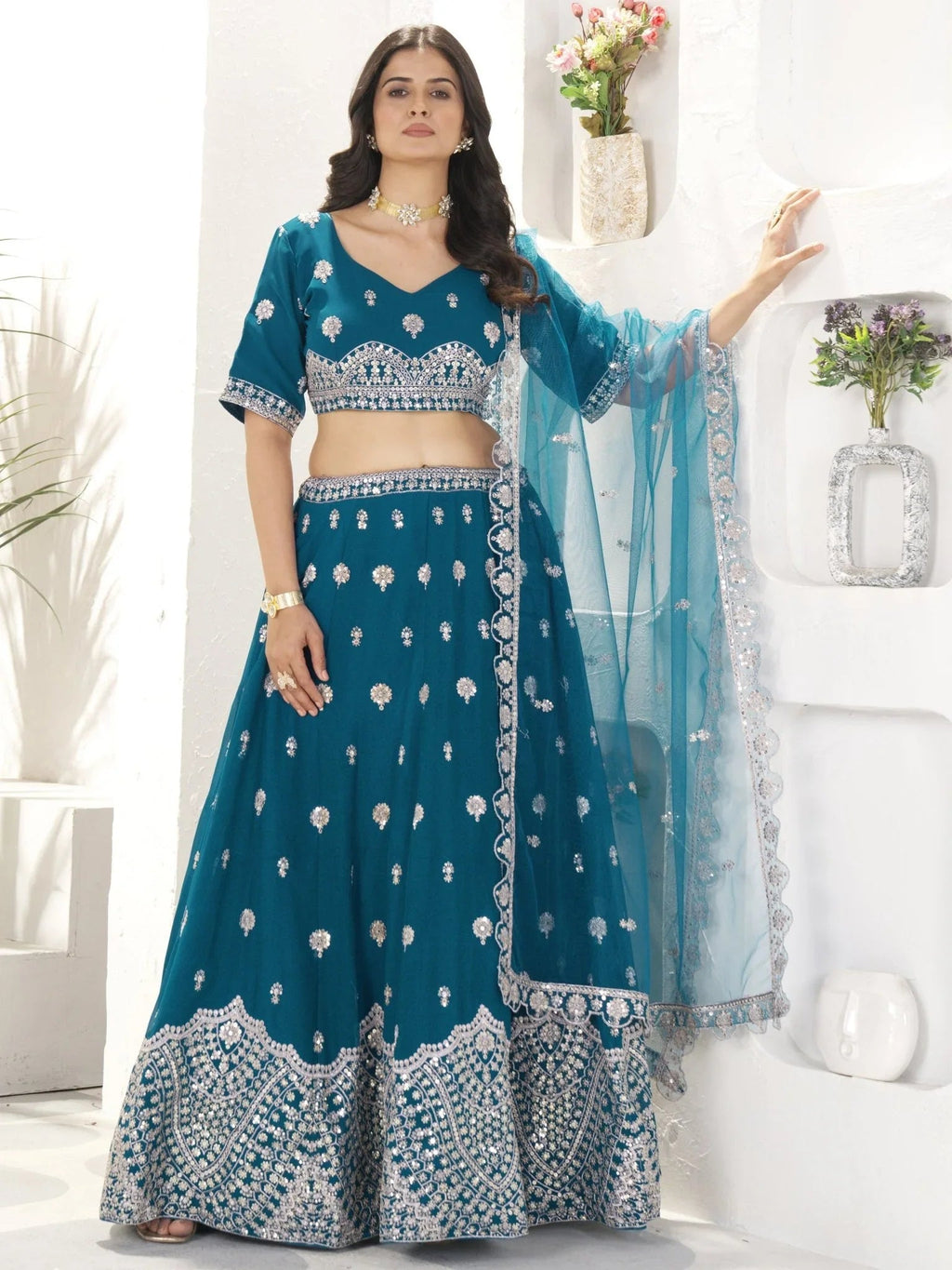 Teal blue georgette embroidered sequins work lehenga choli with dupatta