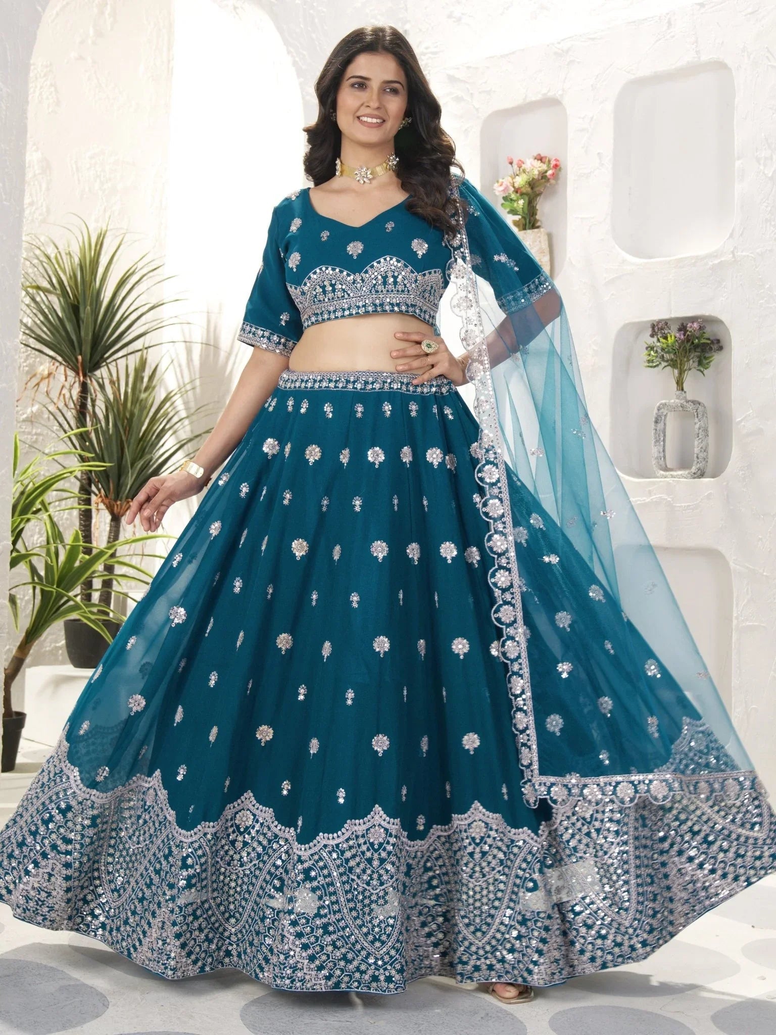 Teal blue georgette embroidered sequins work lehenga choli with dupatta