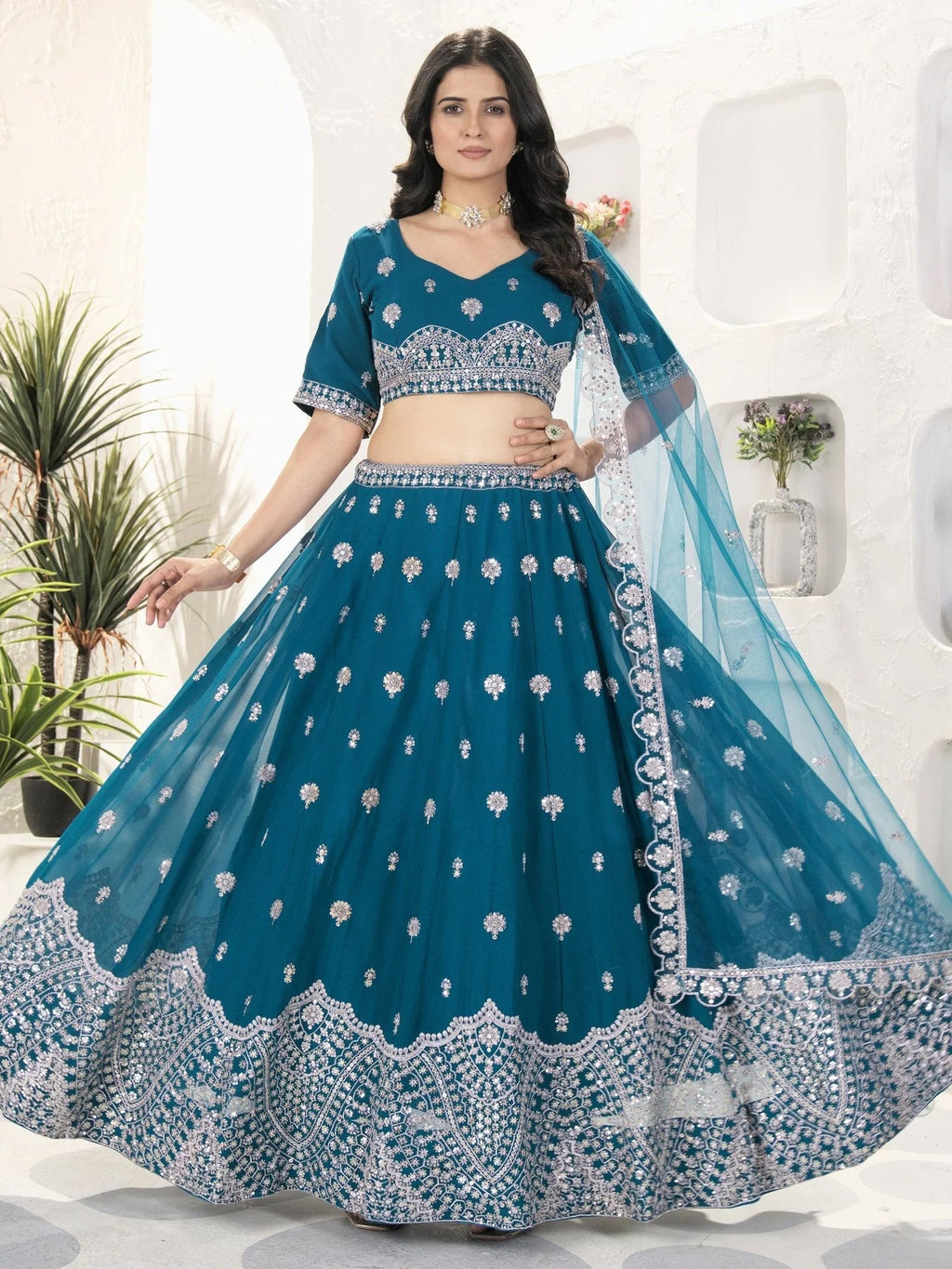 Teal blue georgette embroidered sequins work lehenga choli with dupatta