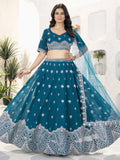 Teal blue georgette embroidered sequins work lehenga choli with dupatta