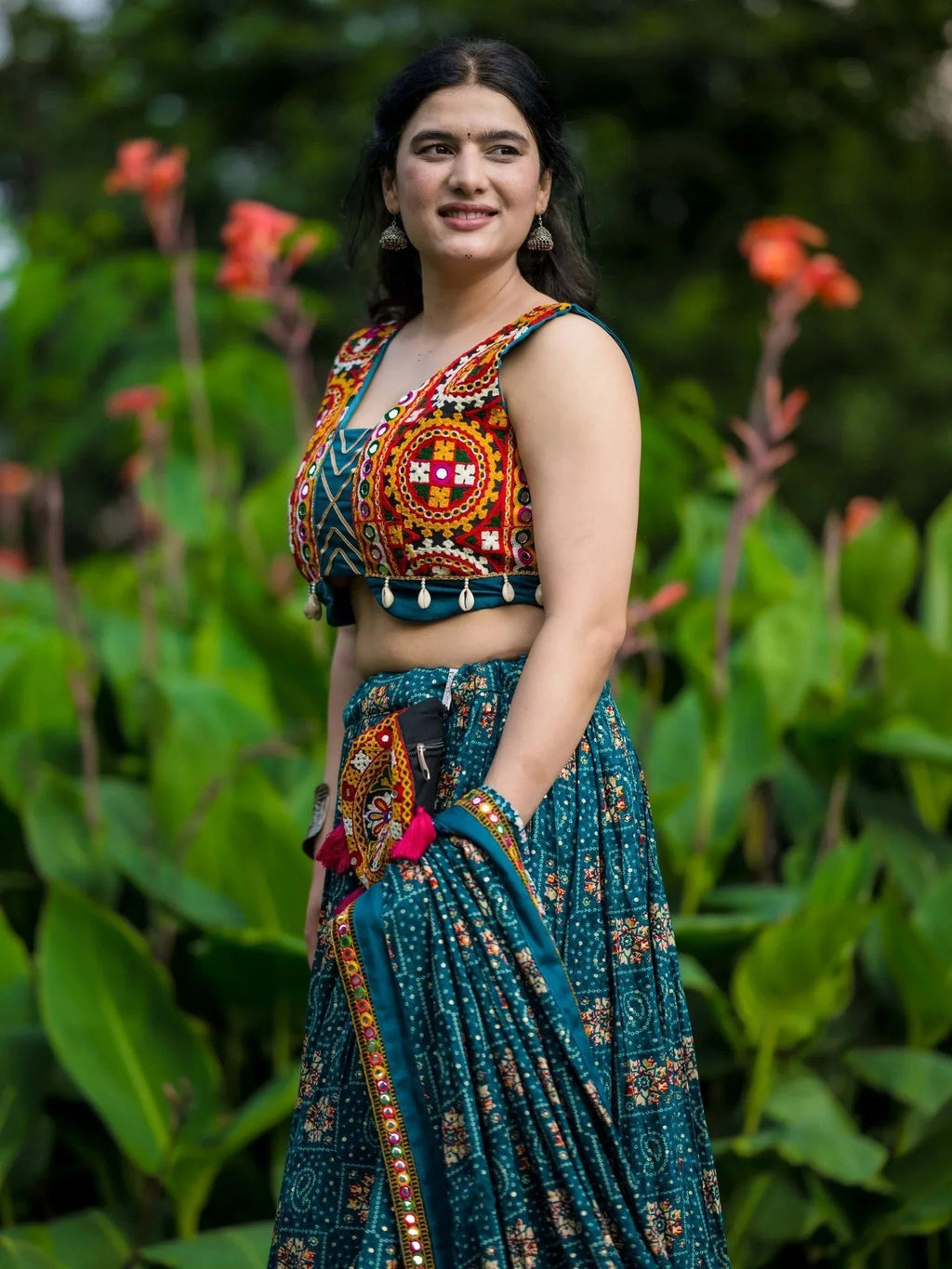 Teal Blue Rayon Printed Gamthi Patch Work Lehenga Choli With Purse