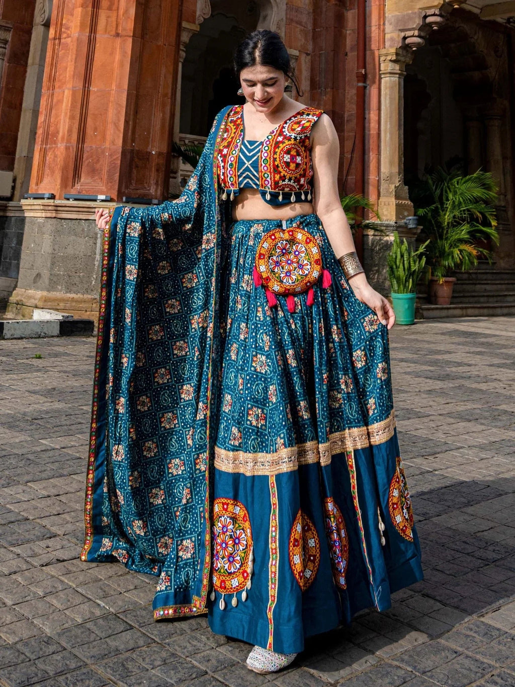 Teal Blue Rayon Printed Gamthi Patch Work Lehenga Choli With Purse