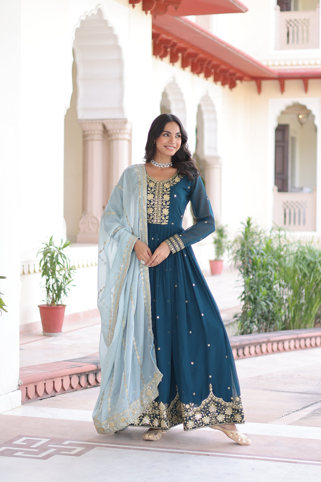 Vireen Teal Blue Faux Georgette Zari Sequins Embroidery Gown with Dupatta