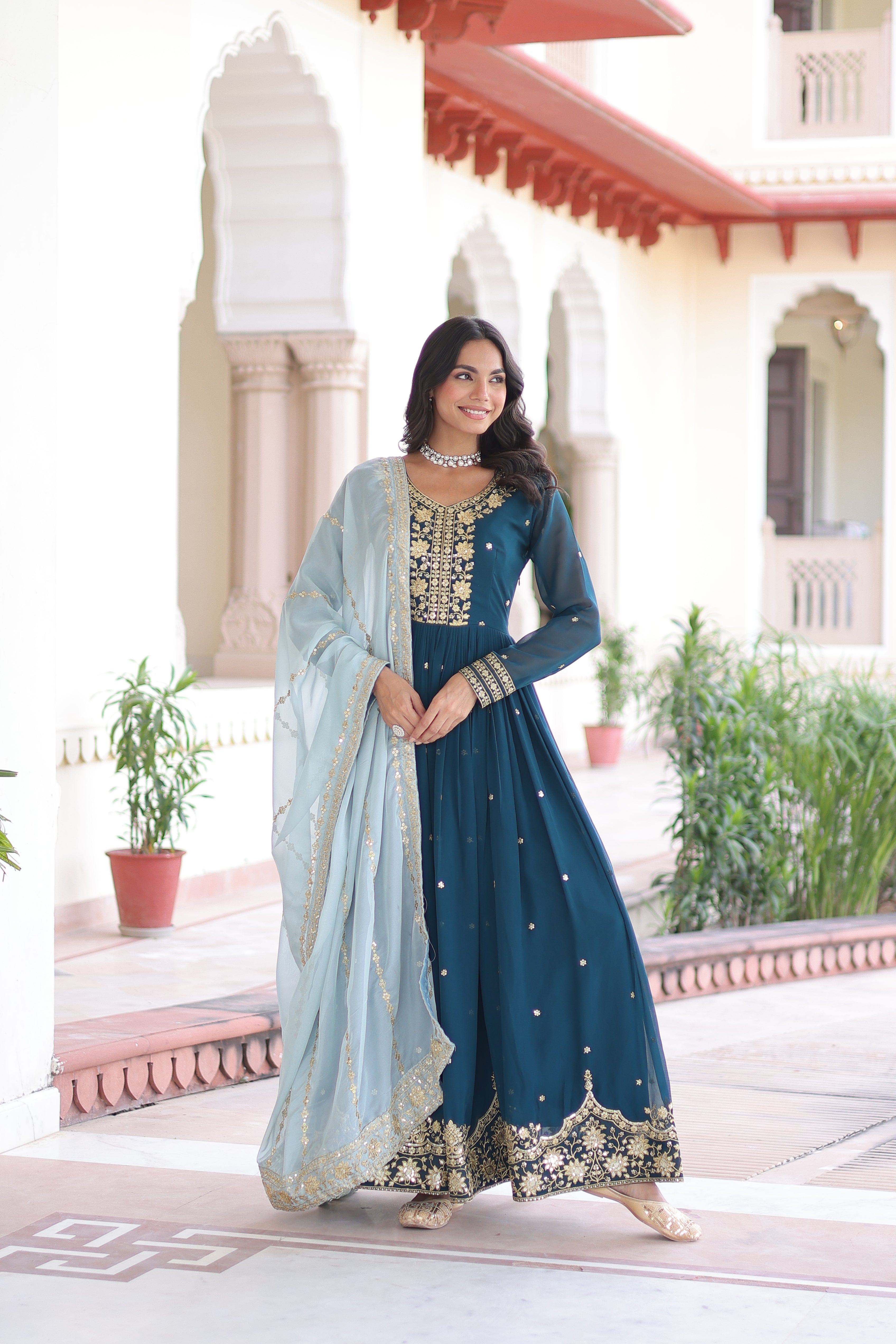 Vireen Teal Blue Faux Georgette Zari Sequins Embroidery Gown with Dupatta