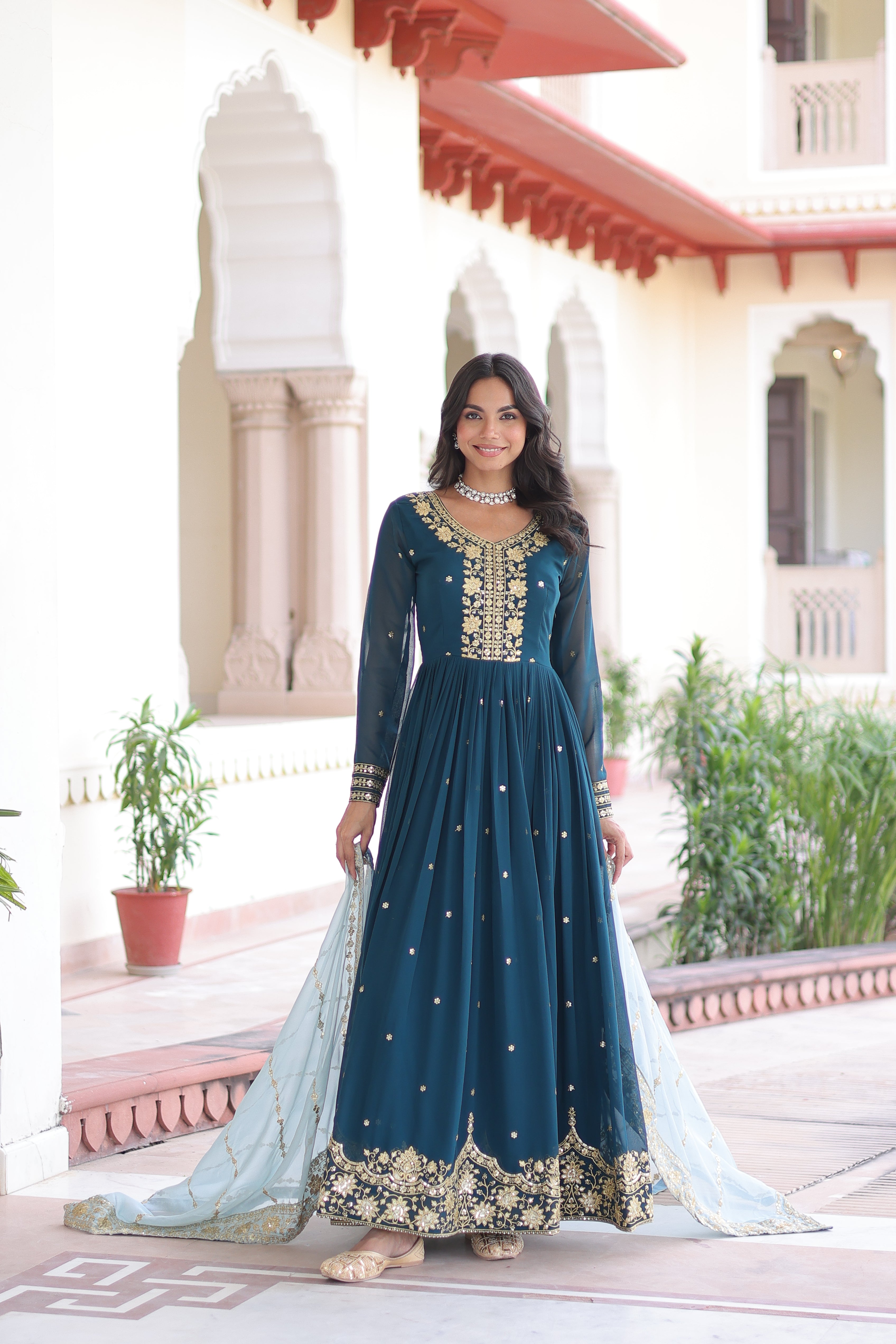 Vireen Teal Blue Faux Georgette Zari Sequins Embroidery Gown with Dupatta