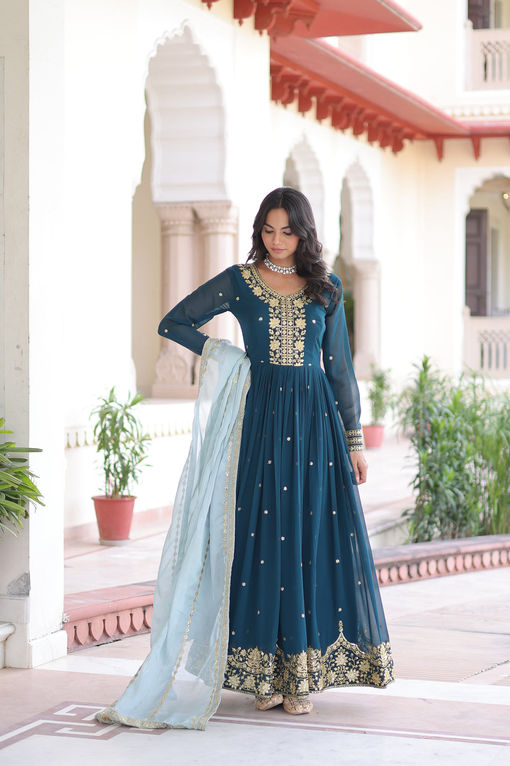 Vireen Teal Blue Faux Georgette Zari Sequins Embroidery Gown with Dupatta
