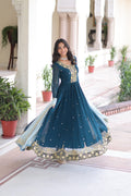 Vireen Teal Blue Faux Georgette Zari Sequins Embroidery Gown with Dupatta