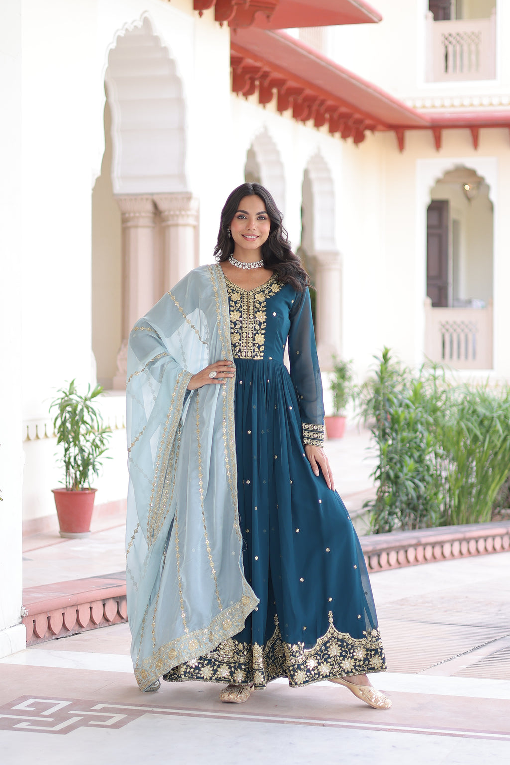 Vireen Teal Blue Faux Georgette Zari Sequins Embroidery Gown with Dupatta