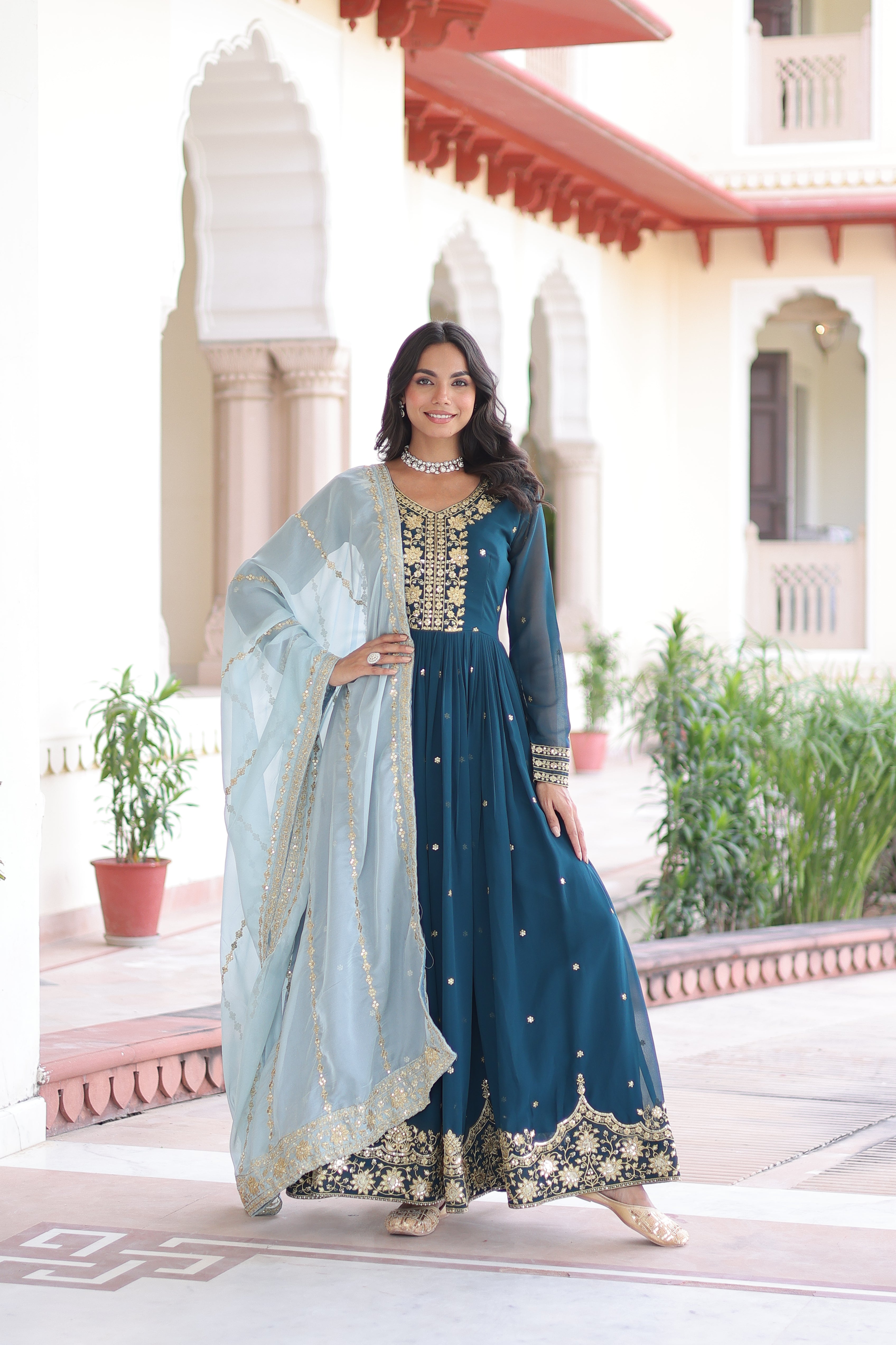 Vireen Teal Blue Faux Georgette Zari Sequins Embroidery Gown with Dupatta