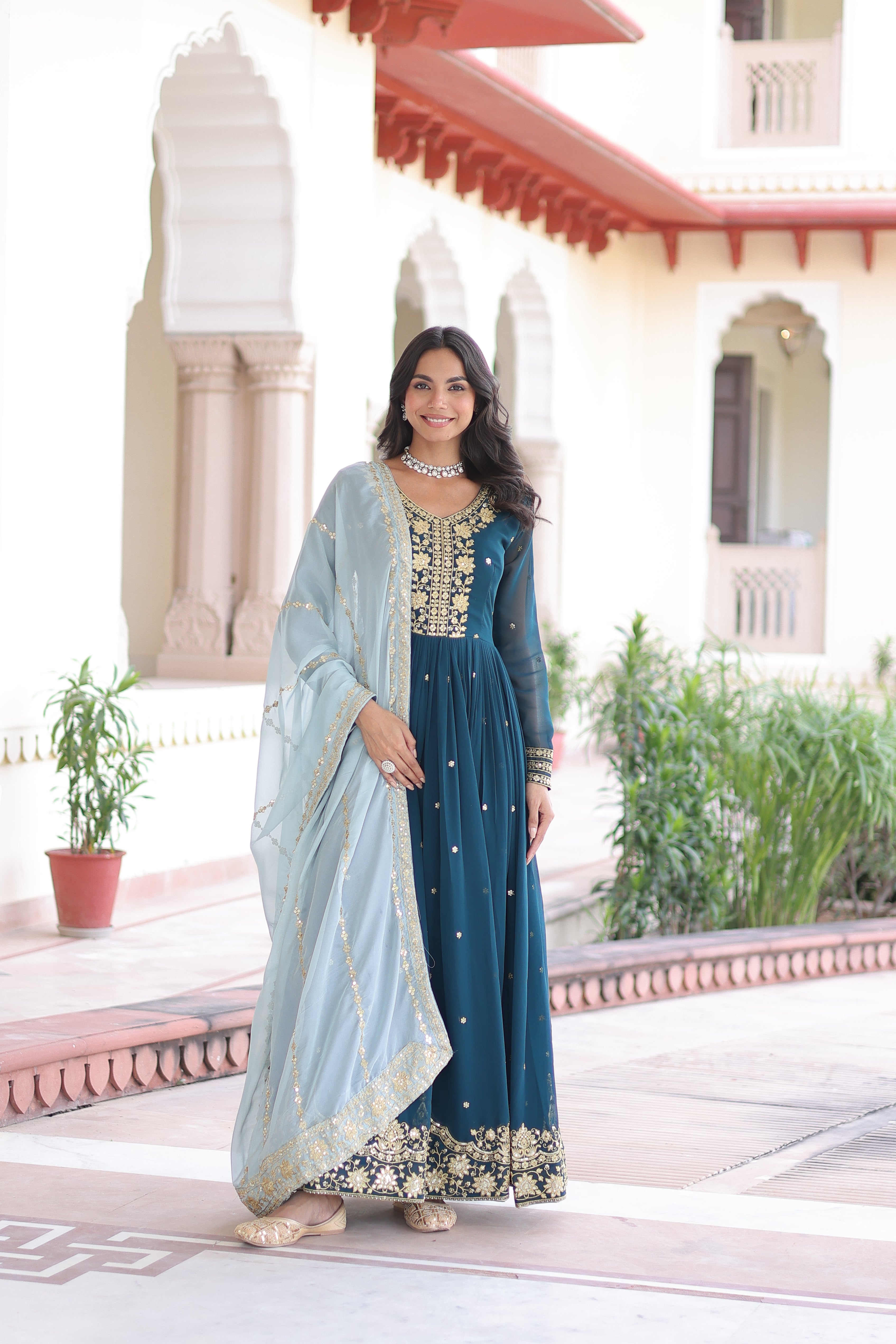 Vireen Teal Blue Faux Georgette Zari Sequins Embroidery Gown with Dupatta