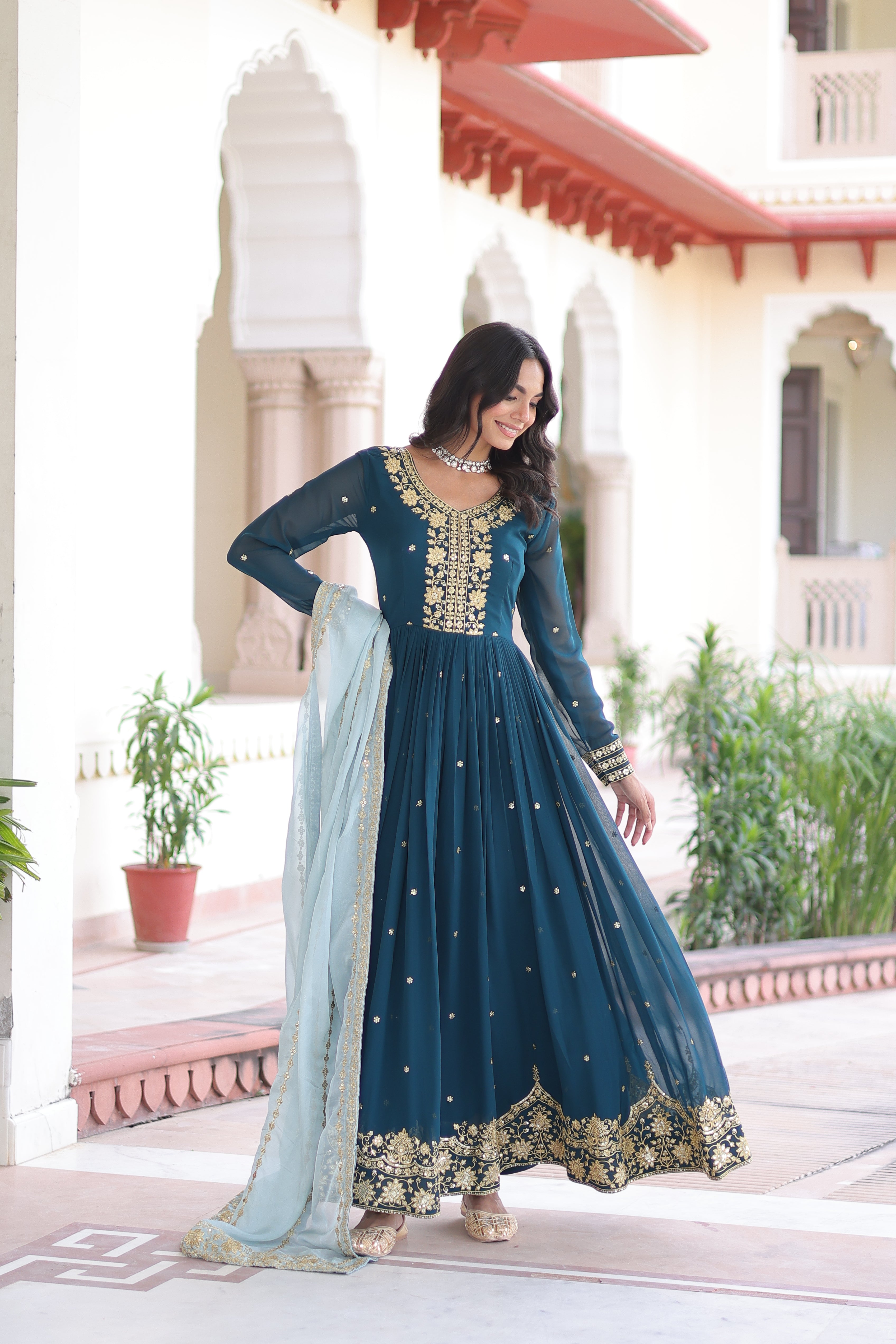 Vireen Teal Blue Faux Georgette Zari Sequins Embroidery Gown with Dupatta