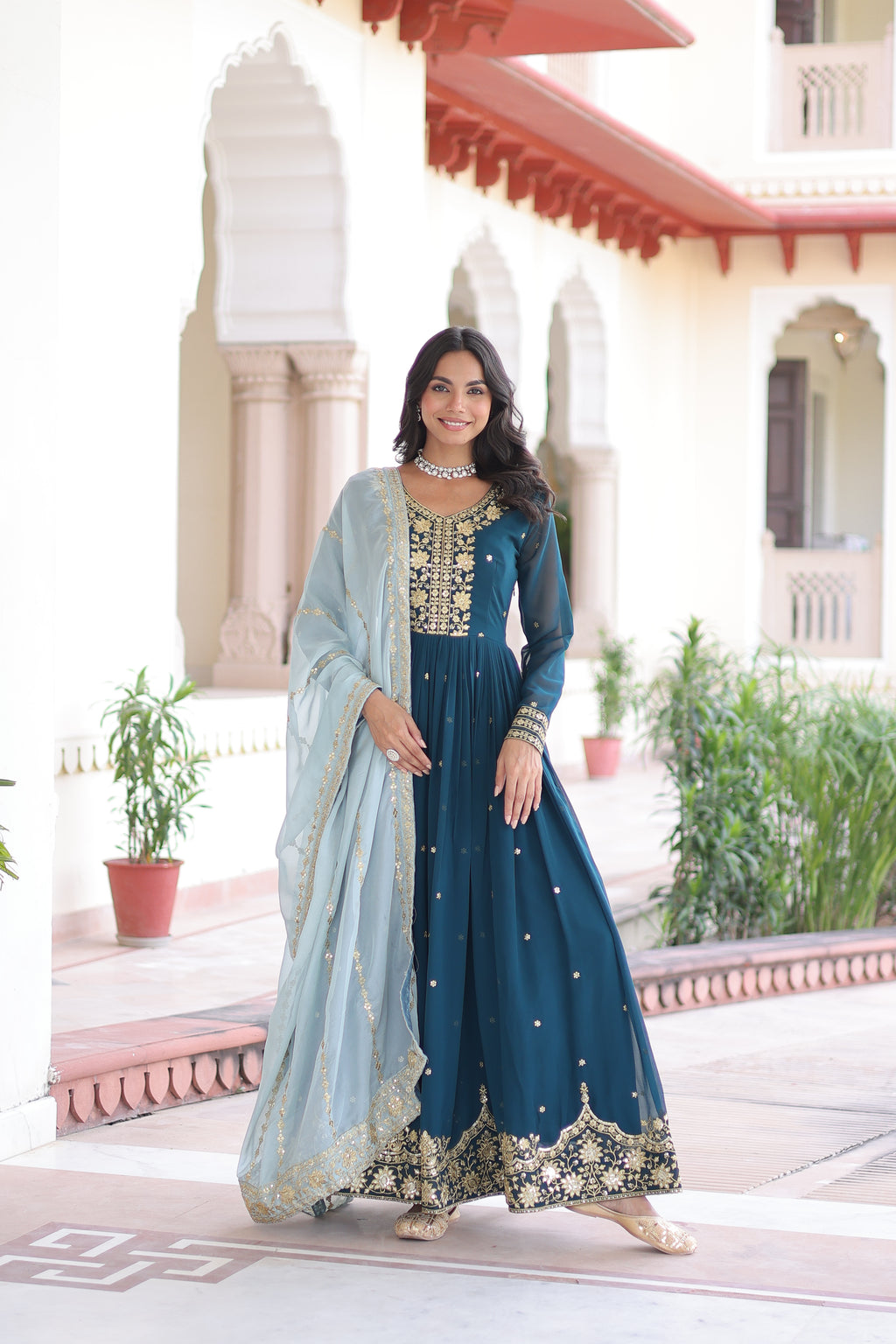 Vireen Teal Blue Faux Georgette Zari Sequins Embroidery Gown with Dupatta