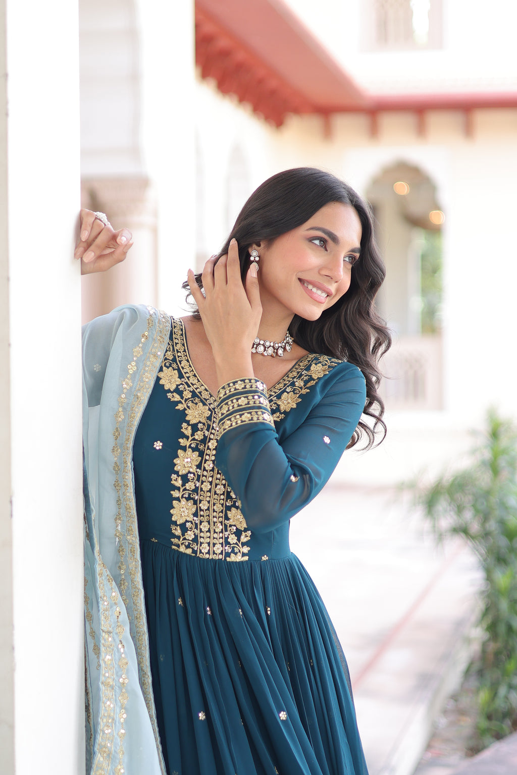 Vireen Teal Blue Faux Georgette Zari Sequins Embroidery Gown with Dupatta