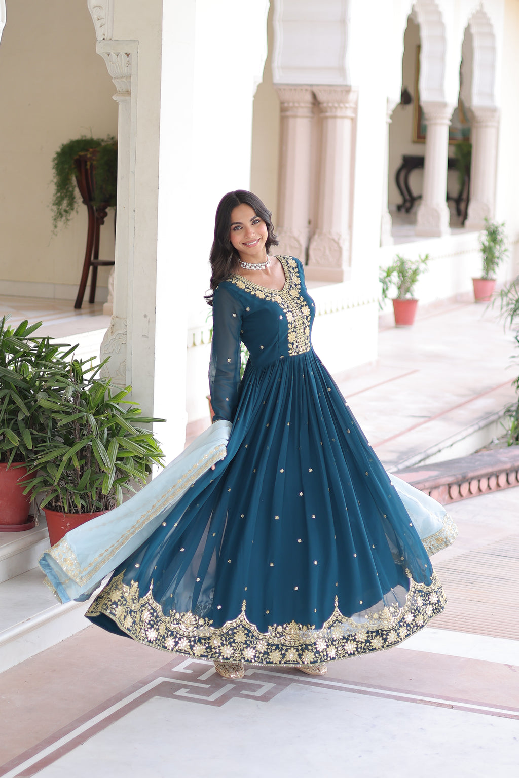 Vireen Teal Blue Faux Georgette Zari Sequins Embroidery Gown with Dupatta