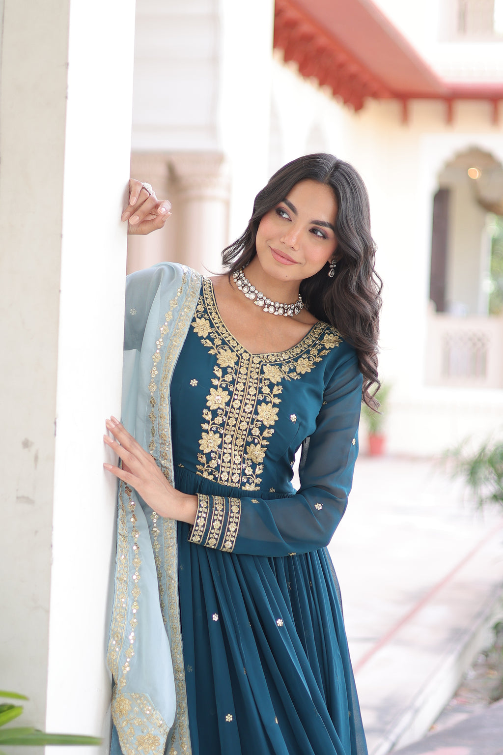 Vireen Teal Blue Faux Georgette Zari Sequins Embroidery Gown with Dupatta